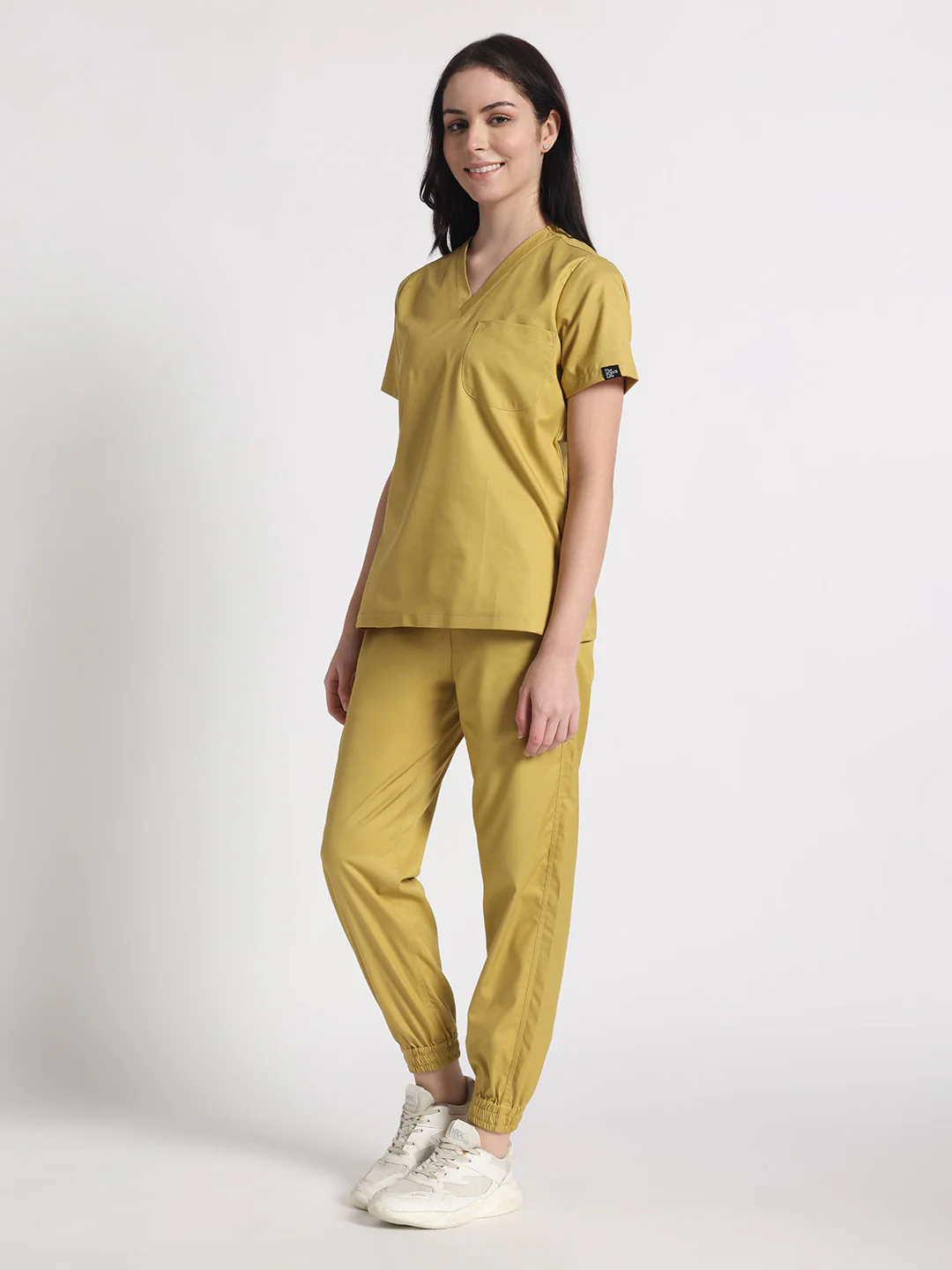 Stretchable (2Way) Women Mustard V-Neck With Jogger Scrub Set - Image 2
