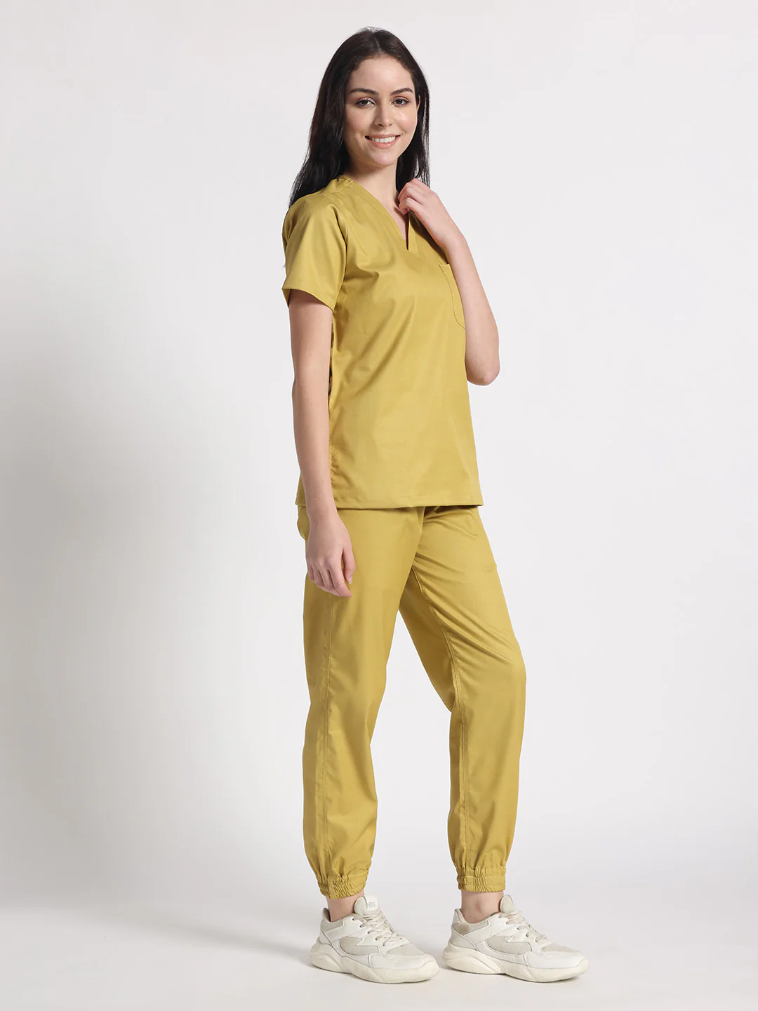 Stretchable (2Way) Women Mustard V-Neck With Jogger Scrub Set - Image 3