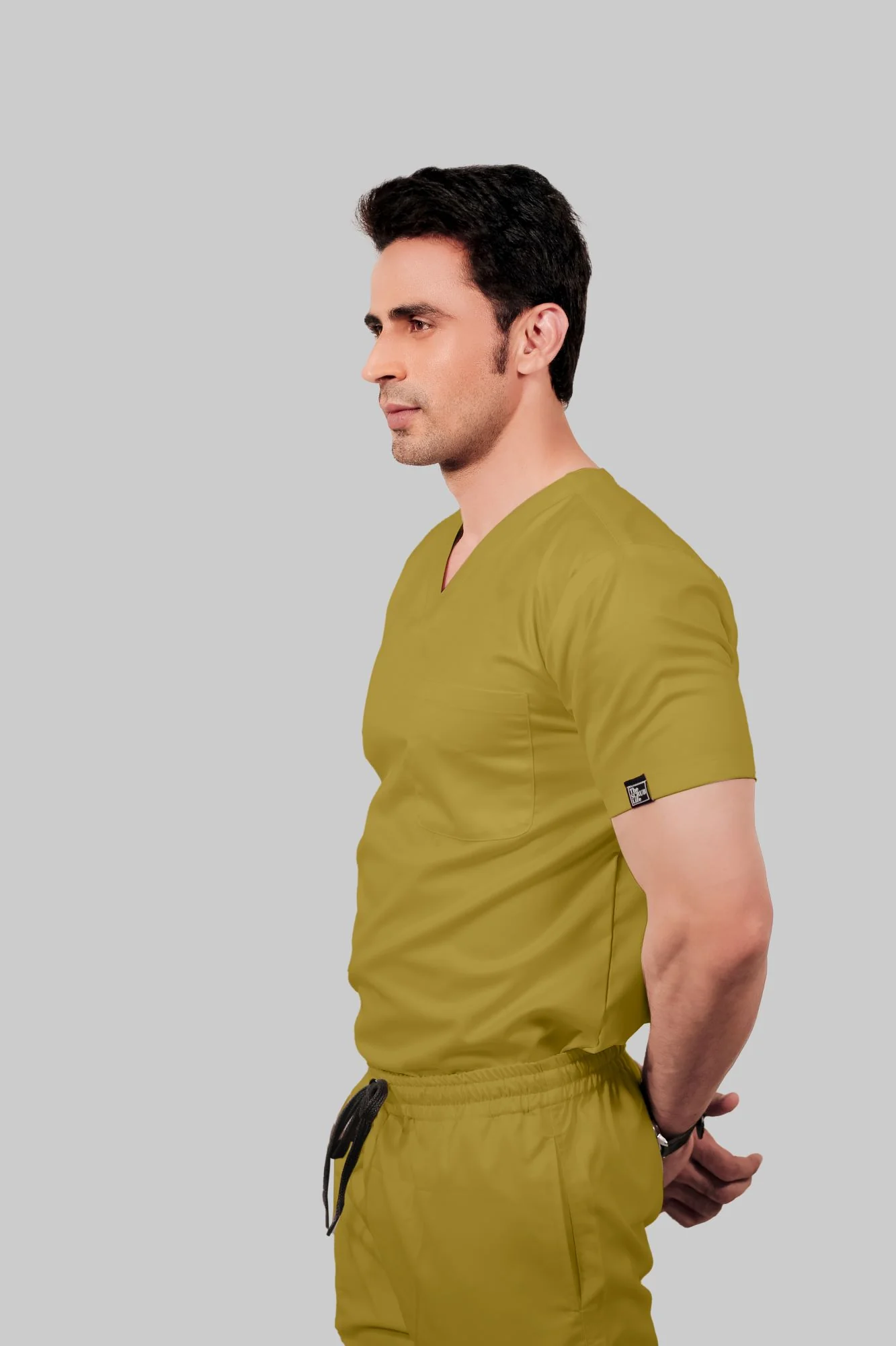 Stretchable (2Way) Men Mustard V-Neck With Straight Pant Scrub Set - Image 3