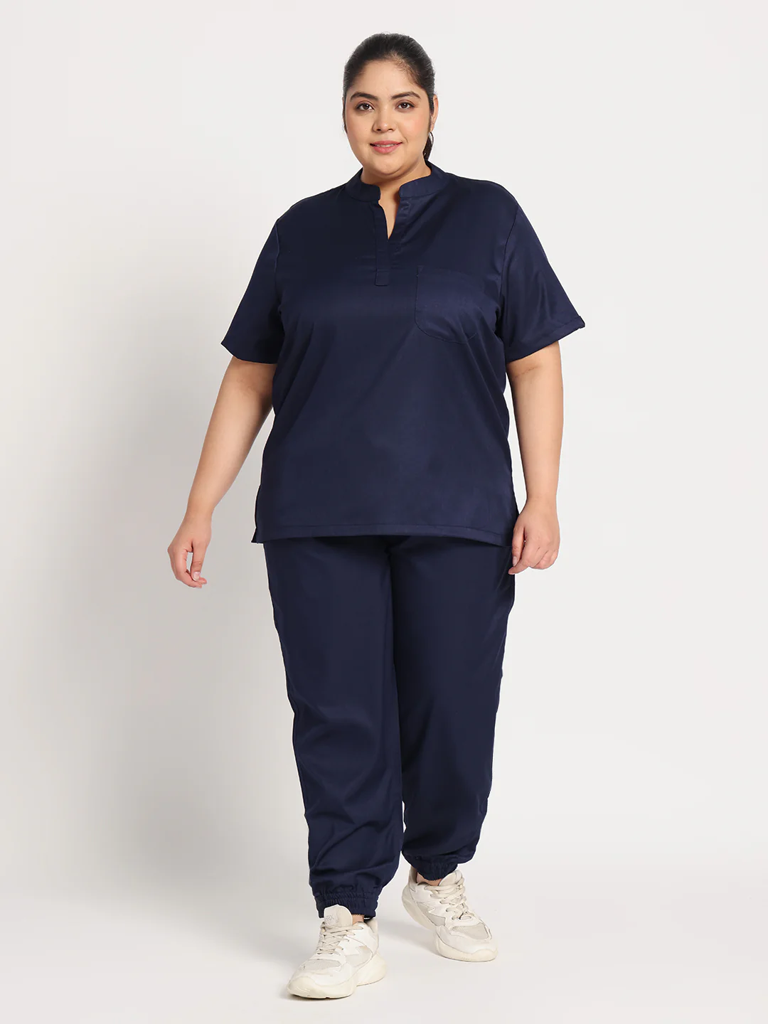 Stretchable (2Way) Women Navy Blue Mandarin Neck With Jogger Scrub Set - Image 3