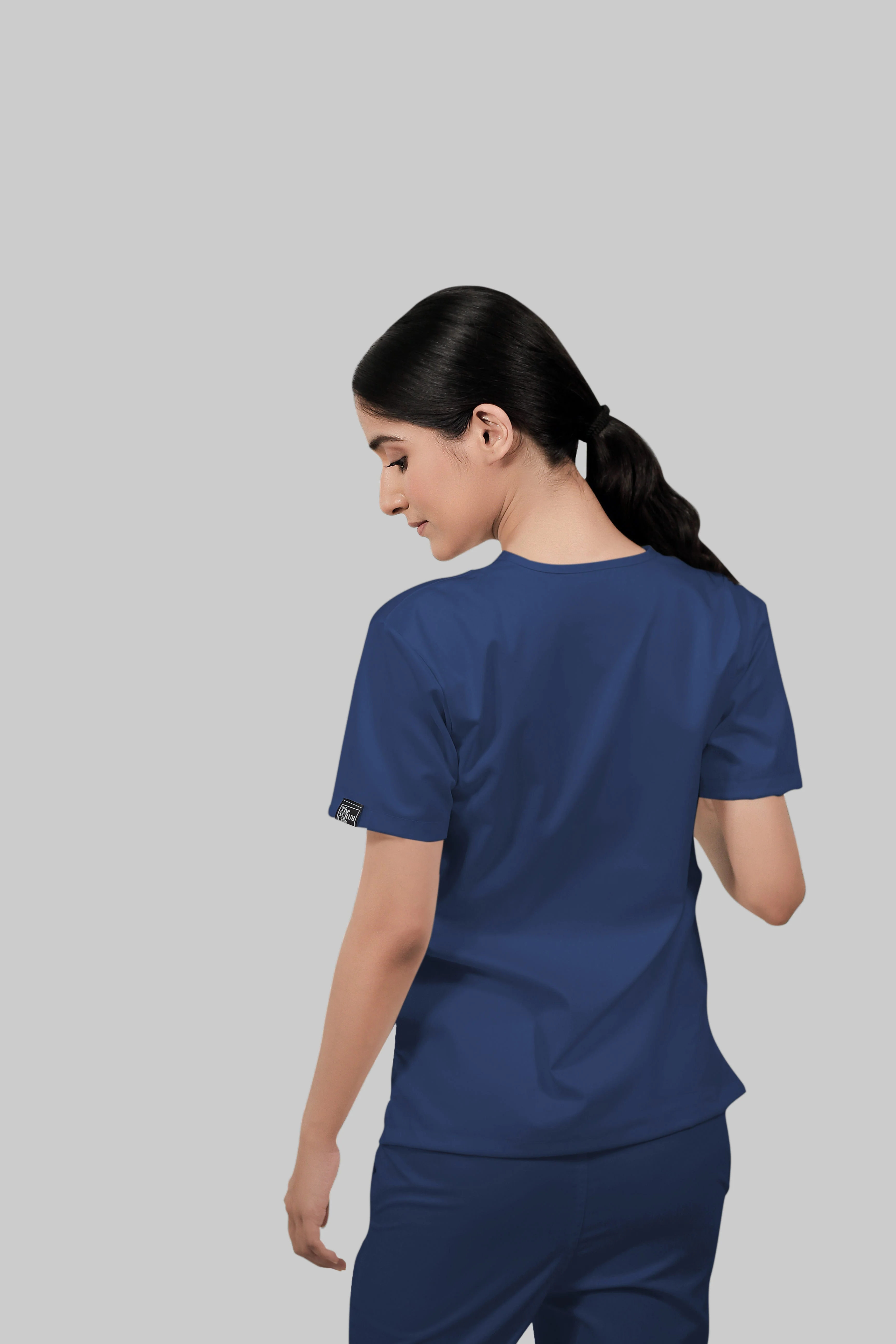 Stretchable (2Way) Women Navy Blue V-Neck With Jogger Scrub Set - Image 3