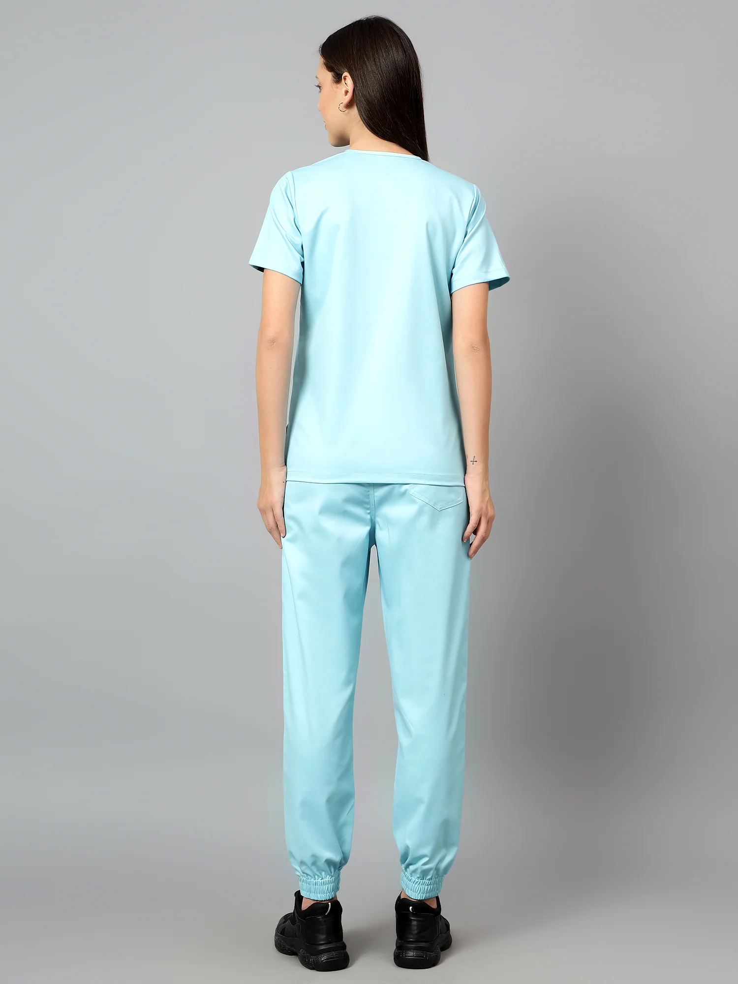 Stretchable (2Way) Women Aqua Blue V-Neck With Jogger Scrub Set - Image 8