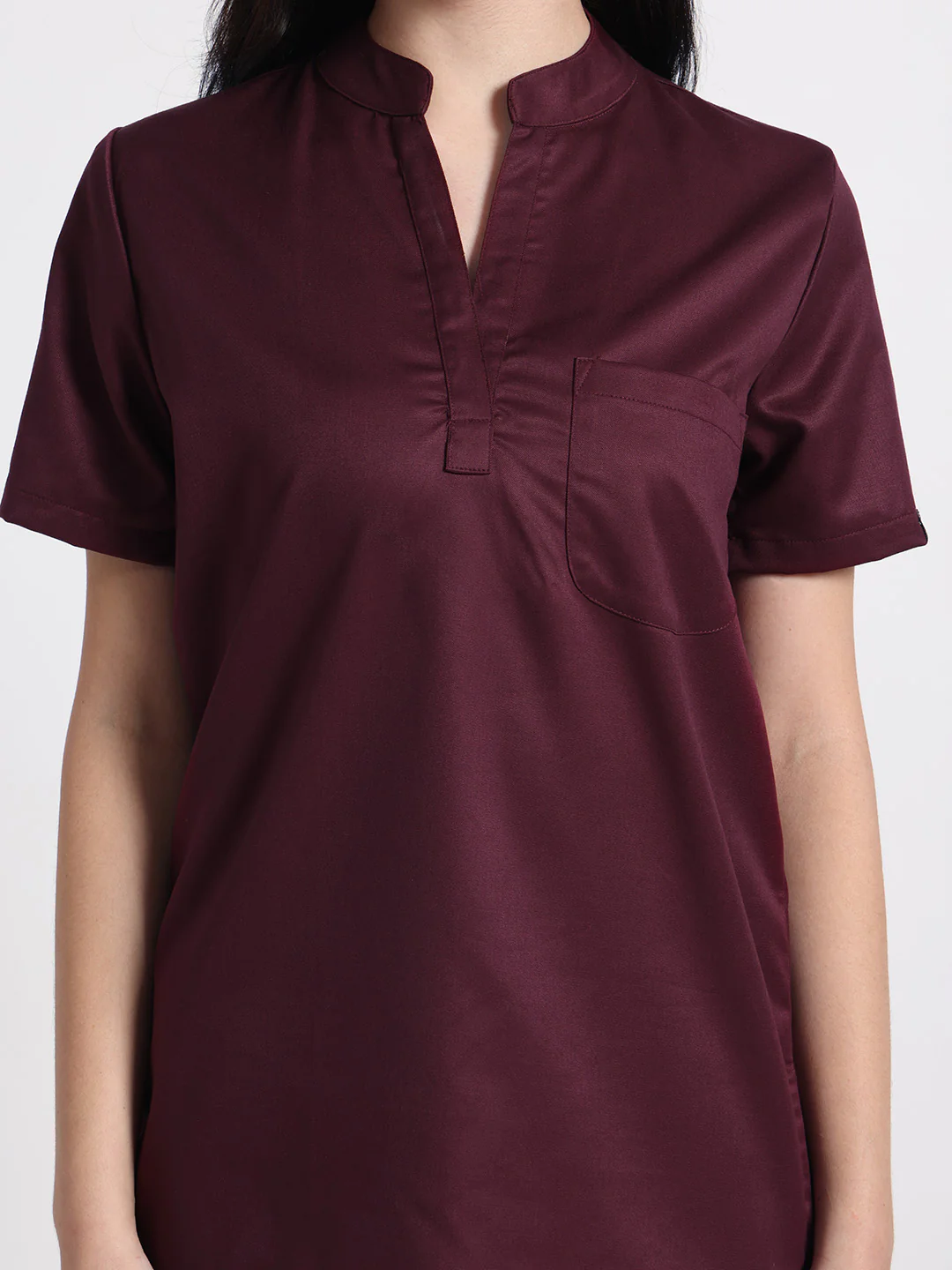 Stretchable (2Way) Women Wine Mandarin Neck Scrub Top