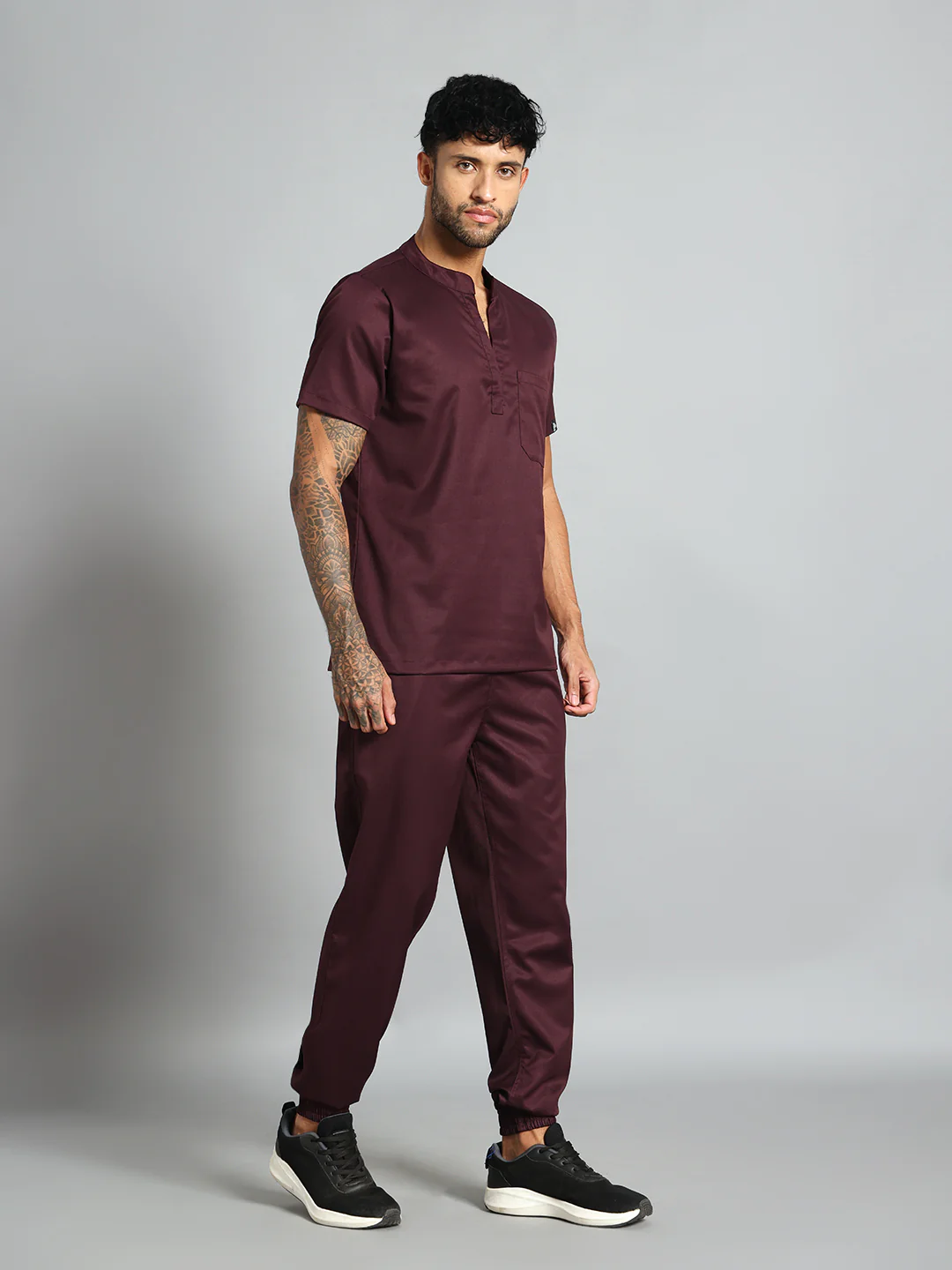 Stretchable (2Way) Men Wine Mandarin Neck With Jogger Scrub Set - Image 3
