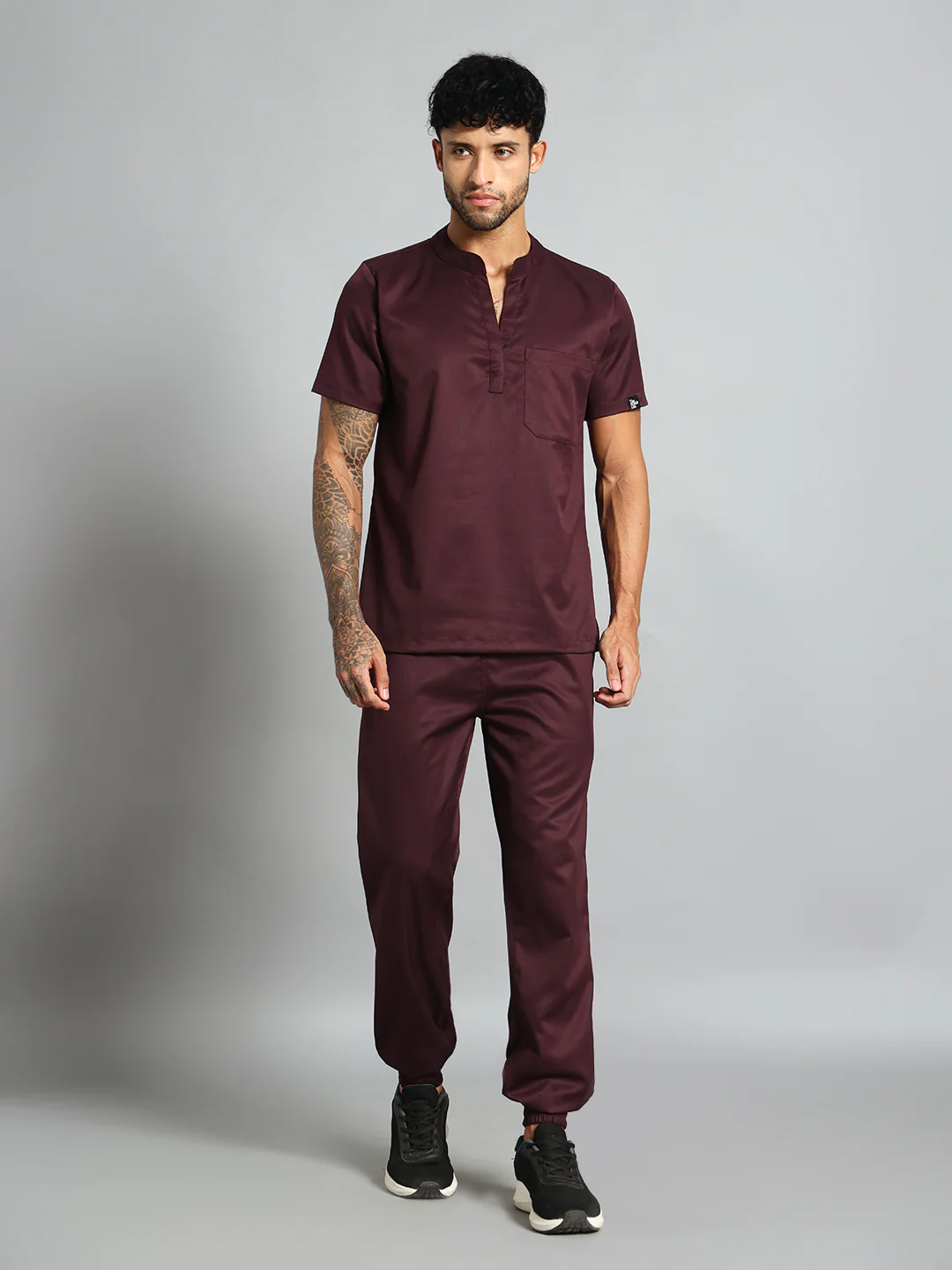 Stretchable (2Way) Men Wine Mandarin Neck With Jogger Scrub Set - Image 4