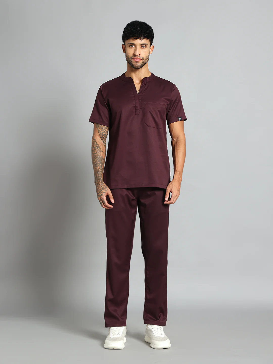 Stretchable (2Way) Men Wine Mandarin Neck With Straight Pant Scrub Set
