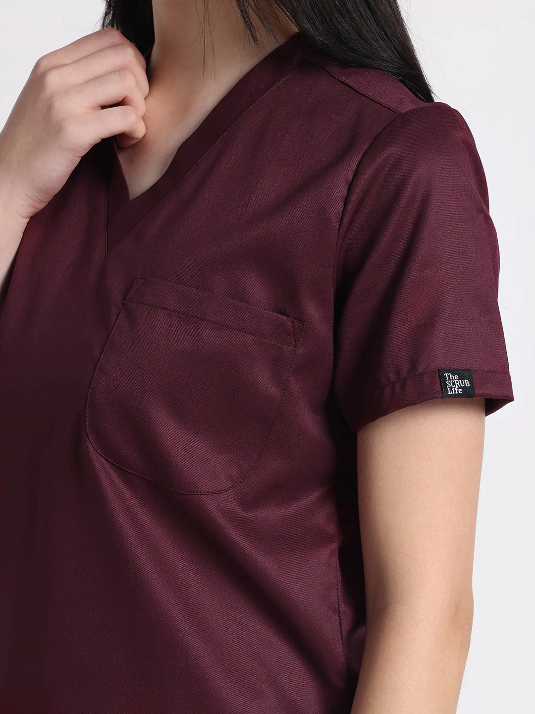 Stretchable (2Way) Women Wine V-Neck Scrub Scrub Top - Image 2