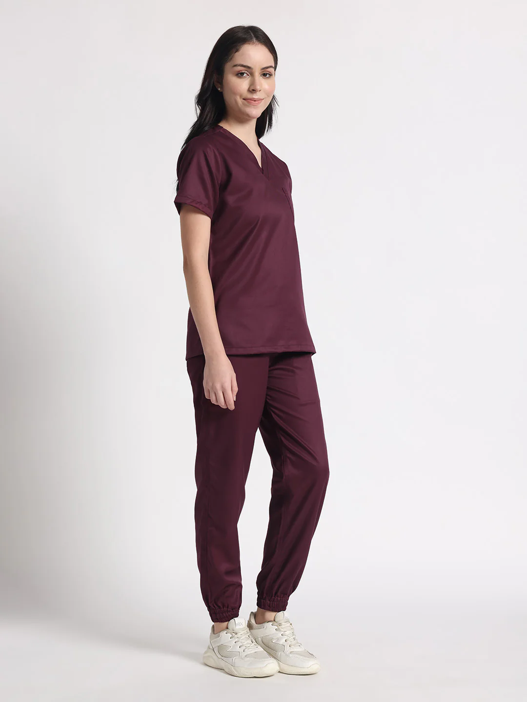 Stretchable (2Way) Women Wine V-Neck With Jogger Scrub Set - Image 2