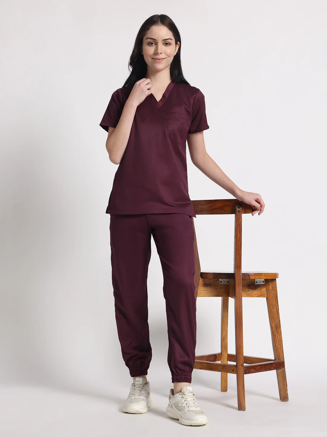 Stretchable (2Way) Women Wine V-Neck With Jogger Scrub Set - Image 3