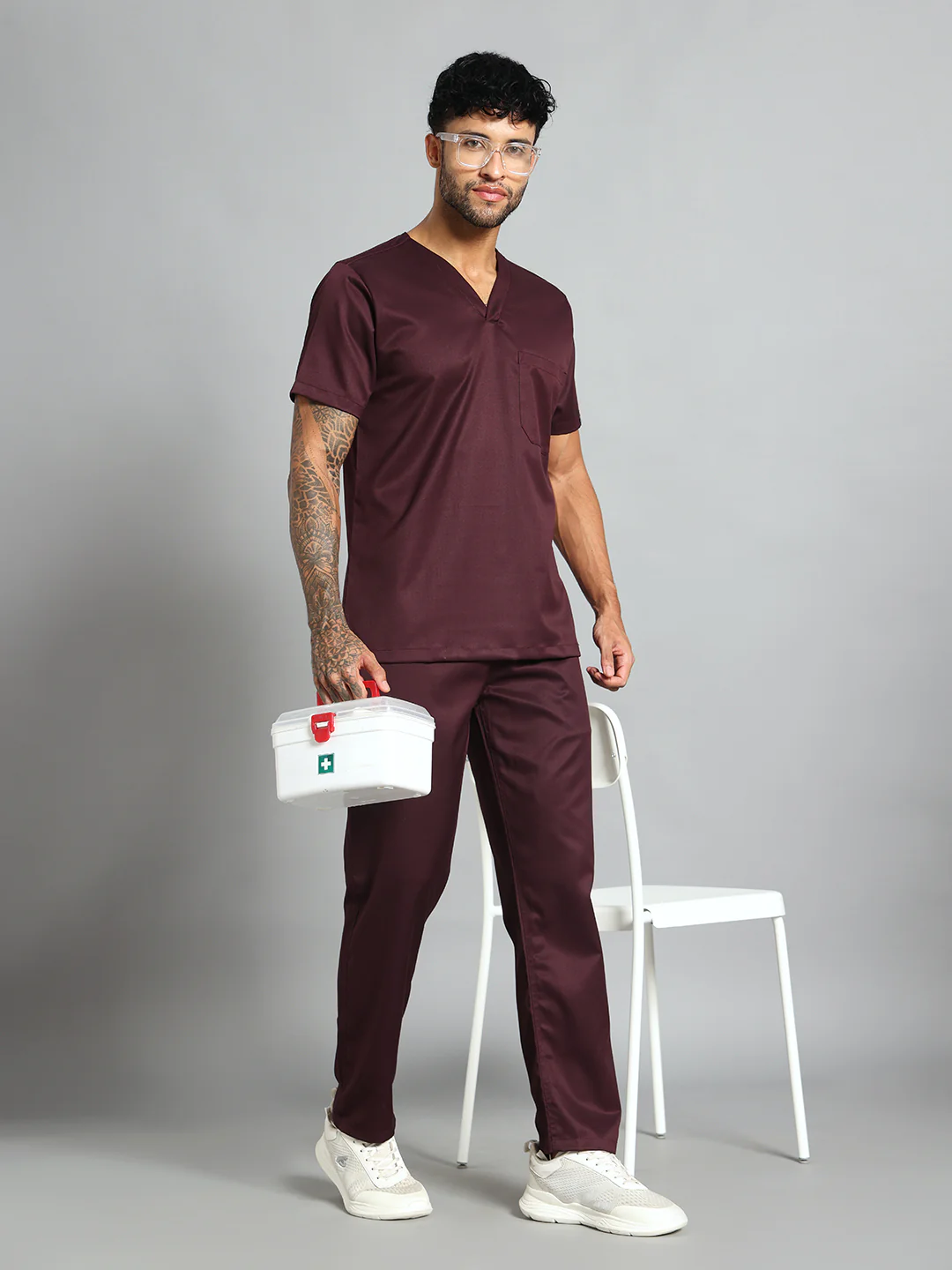 Stretchable (2Way) Men Wine V-Neck With Straight Pant Scrub Set - Image 3