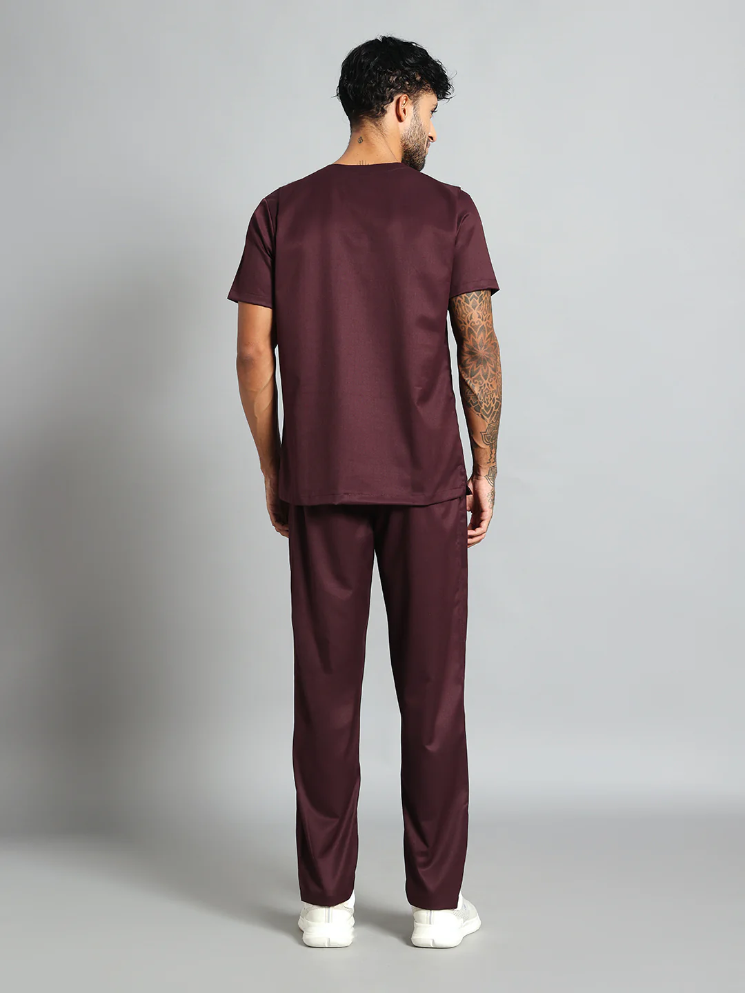 Stretchable (2Way) Men Wine V-Neck With Straight Pant Scrub Set - Image 4