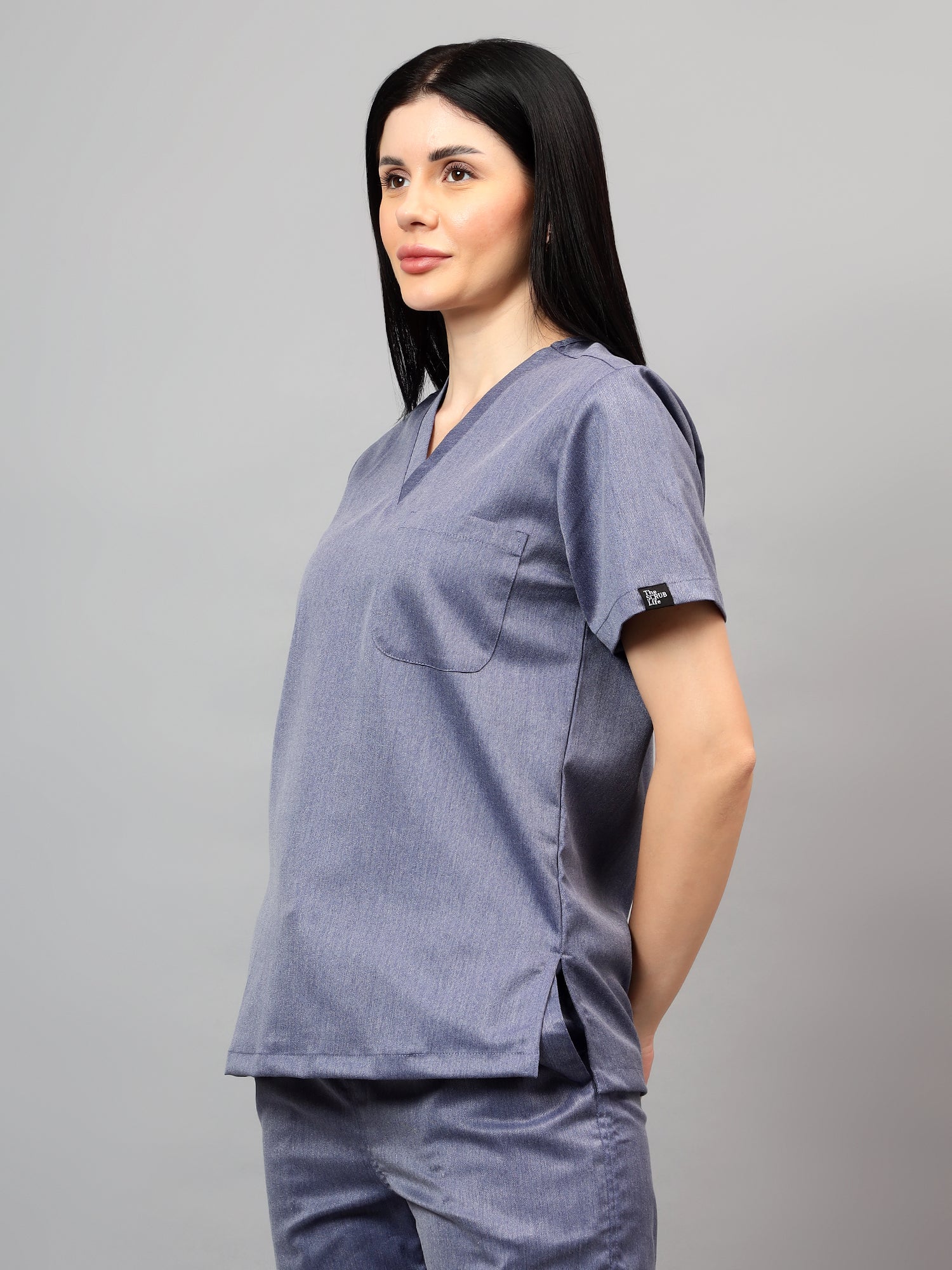 Stretchable (2Way) Women Denim Blue Texture V-Neck With Straight Pant Scrub Set - Image 4