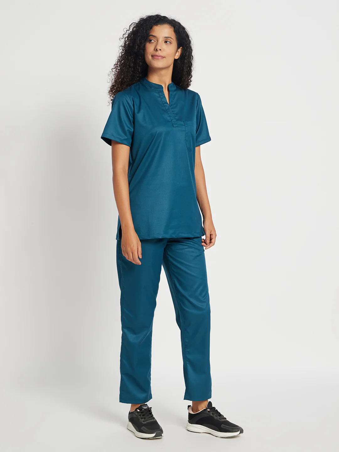 Stretchable (2Way) Women Forest Green Mandarin With Straight Pant Scrub Set