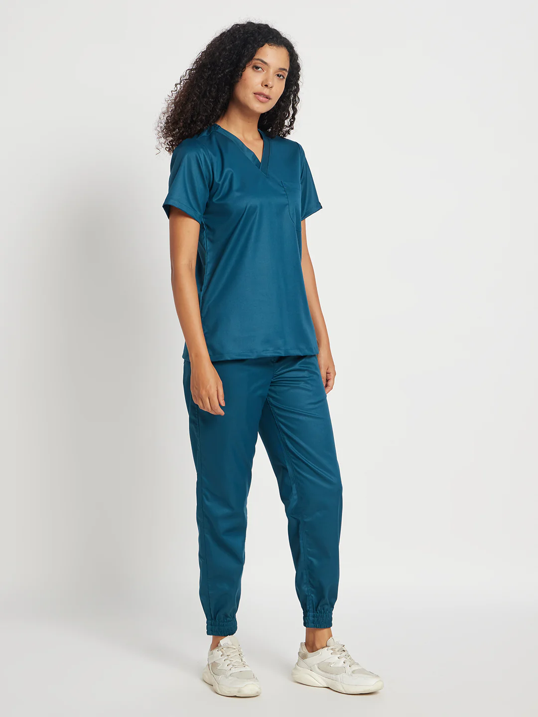 Stretchable (2Way) Women Forest Green V-Neck With Jogger Scrub Set - Image 4