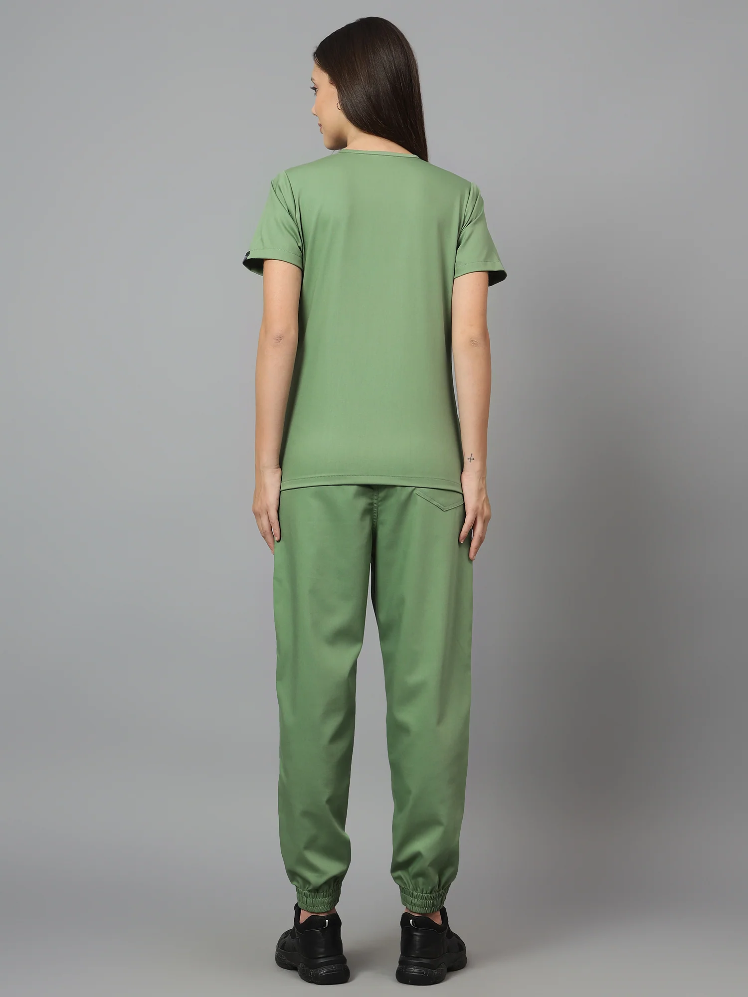 Stretchable (2Way) Women Pista Green V-Neck With Jogger Scrub Set - Image 3