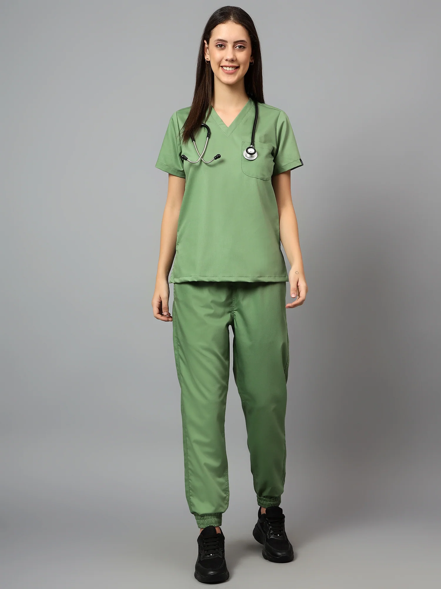 Stretchable (2Way) Women Pista Green V-Neck With Jogger Scrub Set - Image 5