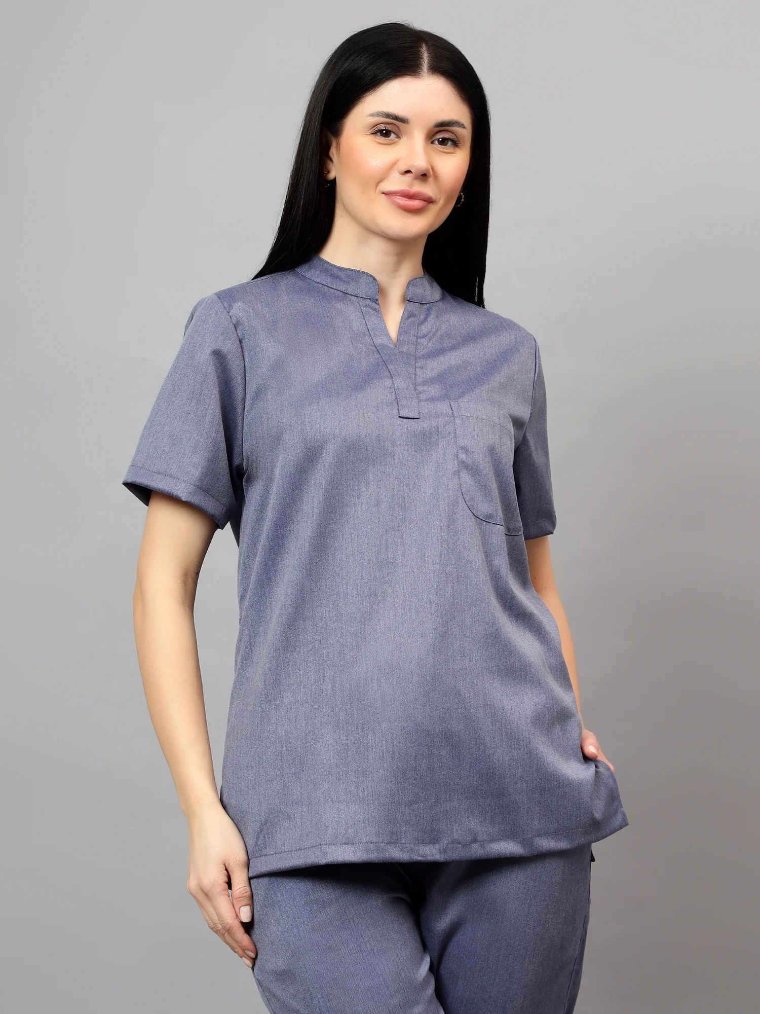 Stretchable (2Way) Women Denim Blue Textured Mandarin Neck Scrub Top