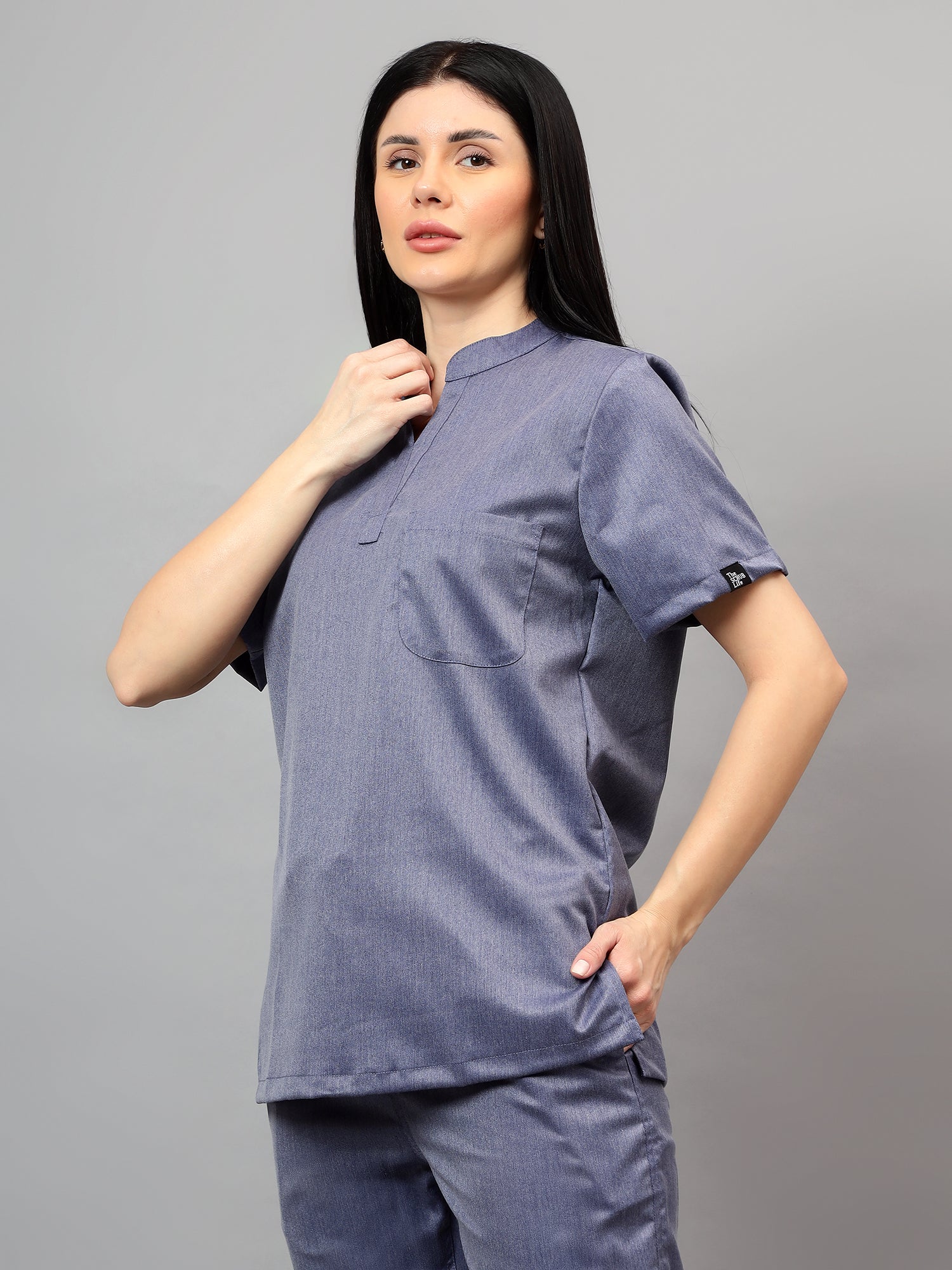 Stretchable (2Way) Women Denim Blue Textured Mandarin Neck Scrub Top - Image 3