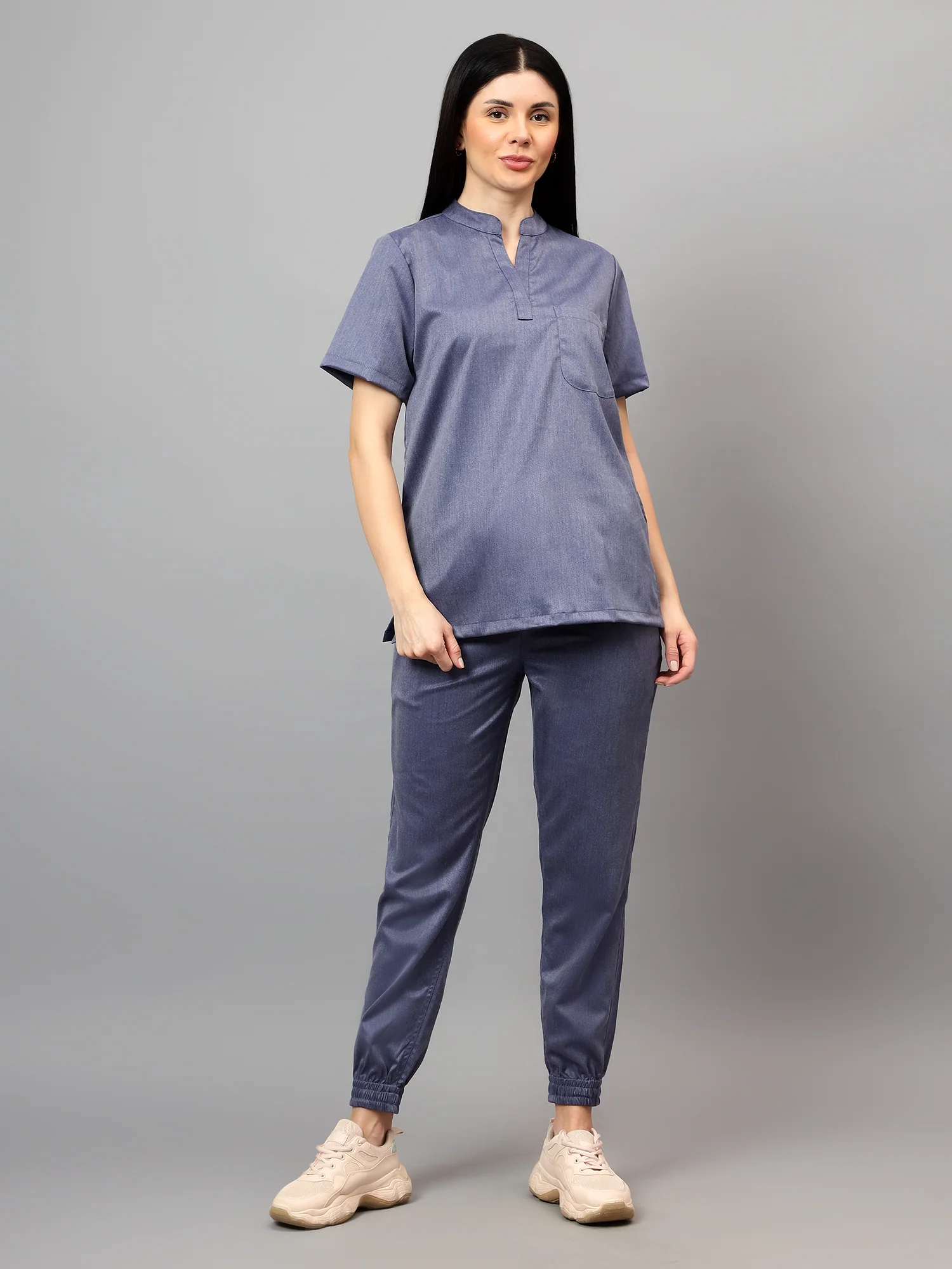 Stretchable (2Way) Women Denim Blue Texture Mandarin Neck With Jogger Scrub Set - Image 4