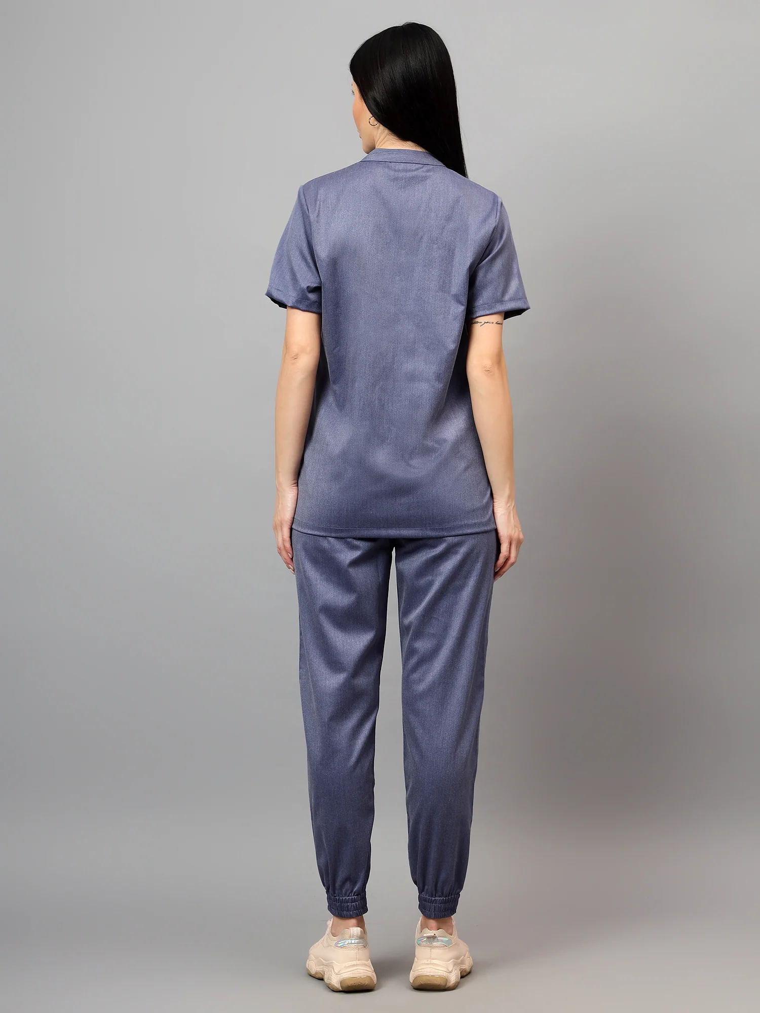 Stretchable (2Way) Women Denim Blue Texture Mandarin Neck With Jogger Scrub Set - Image 7
