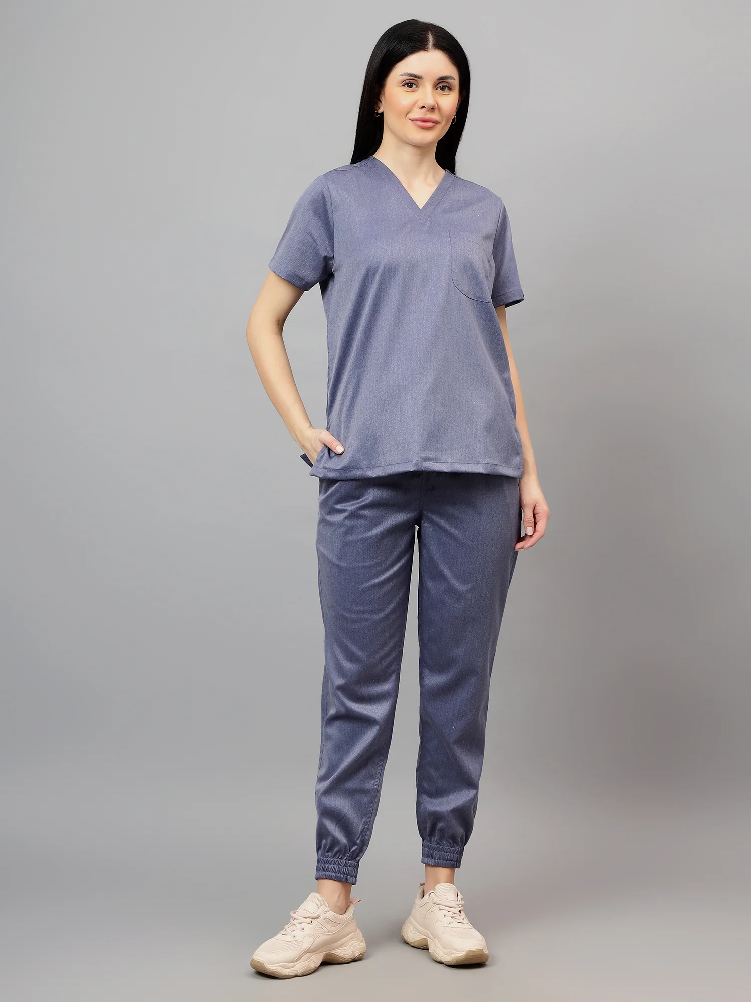 Stretchable (2Way) Women Denim Blue Texture V-Neck With Jogger Scrub Set