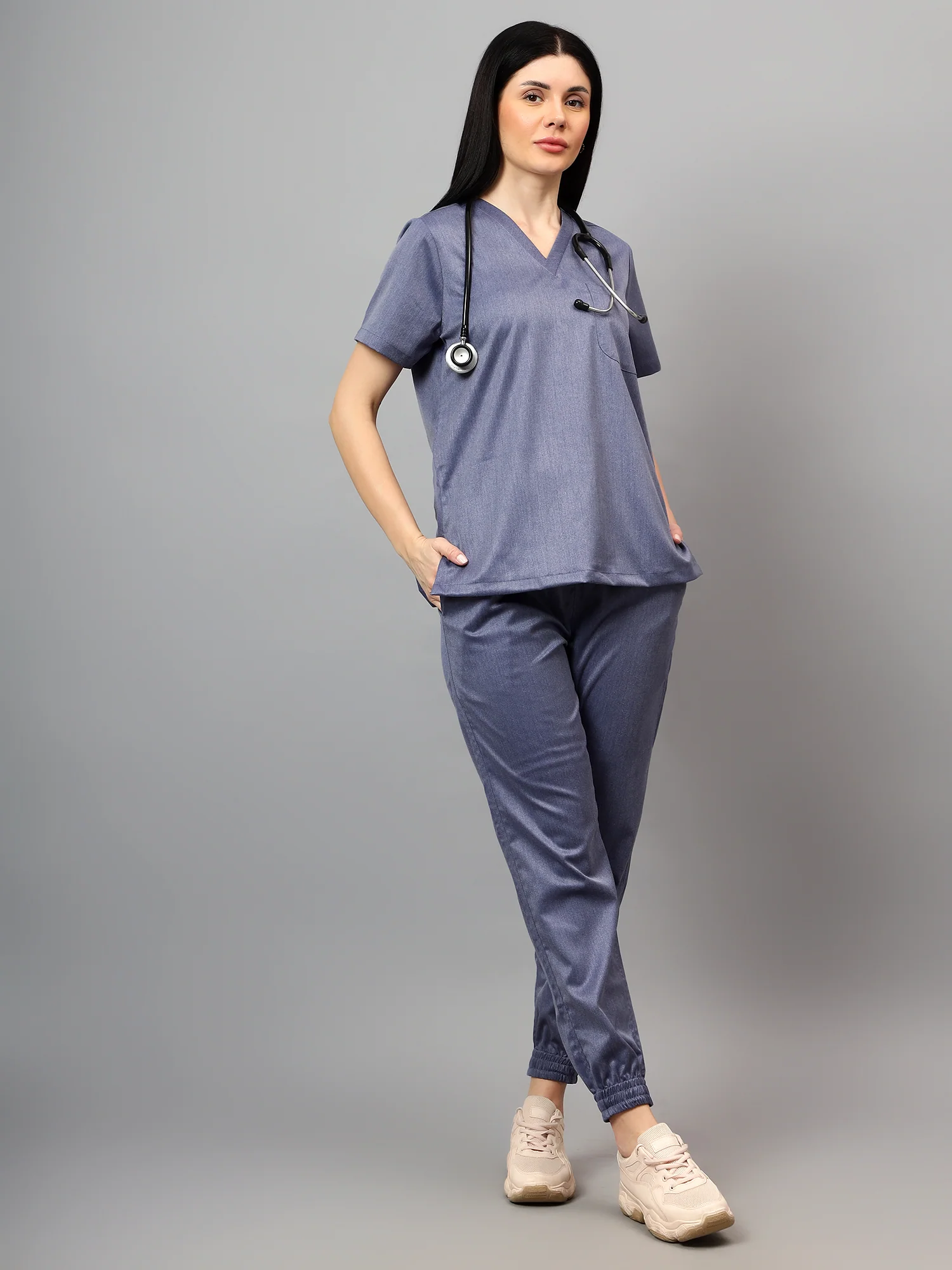 Stretchable (2Way) Women Denim Blue Texture V-Neck With Jogger Scrub Set - Image 3