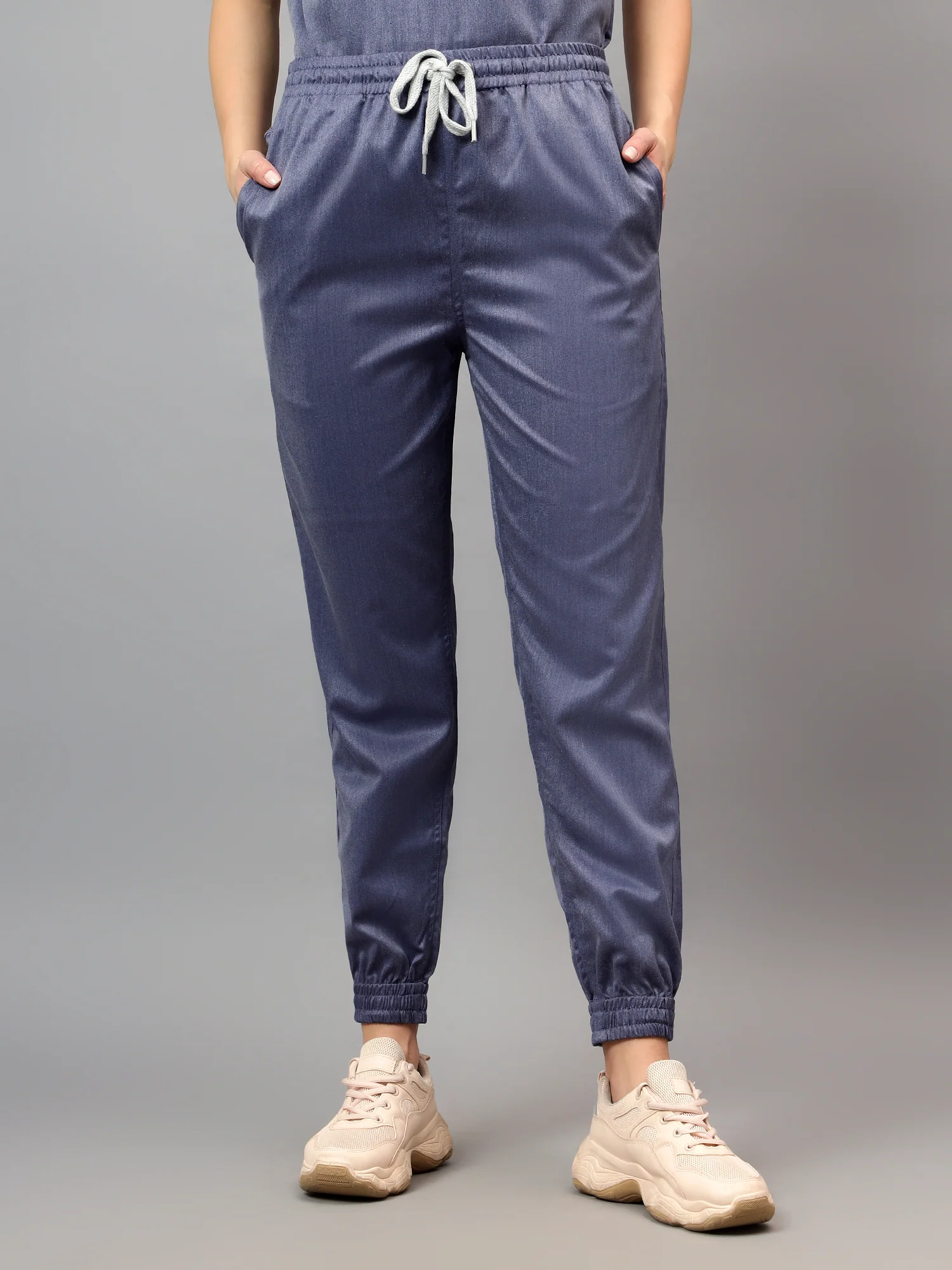 Stretchable (2Way) Women Denim Blue Texture V-Neck With Jogger Scrub Set - Image 5