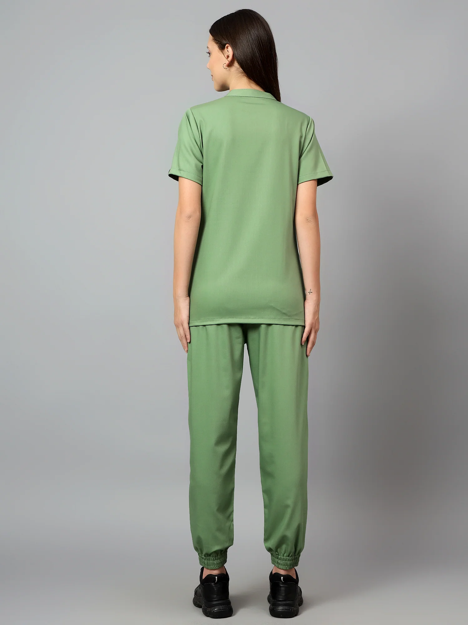 Stretchable (2Way) Women Pista Green Mandarin Neck With Jogger Scrub Set - Image 3