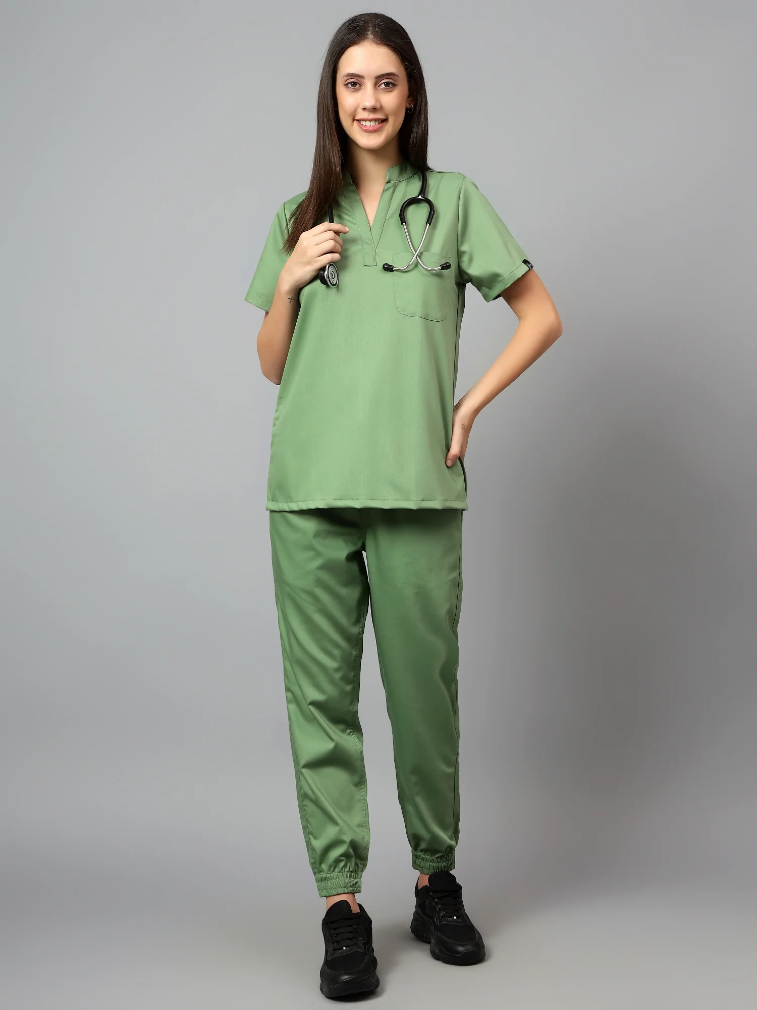 Stretchable (2Way) Women Pista Green Mandarin Neck With Jogger Scrub Set - Image 4