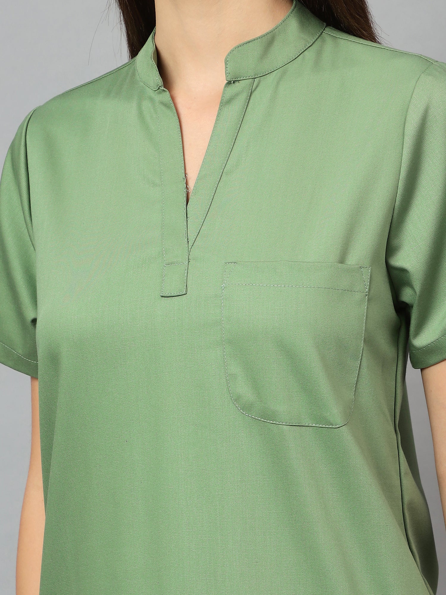 Stretchable (2Way) Women Pista Green Mandarin Neck With Straight Pant Scrub Set - Image 5