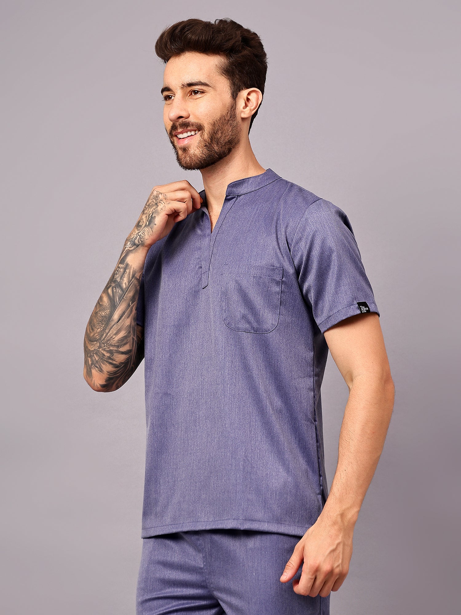 Stretchable (2Way) Men Denim Blue Texture Mandarin Neck Scrub Top - Image 3