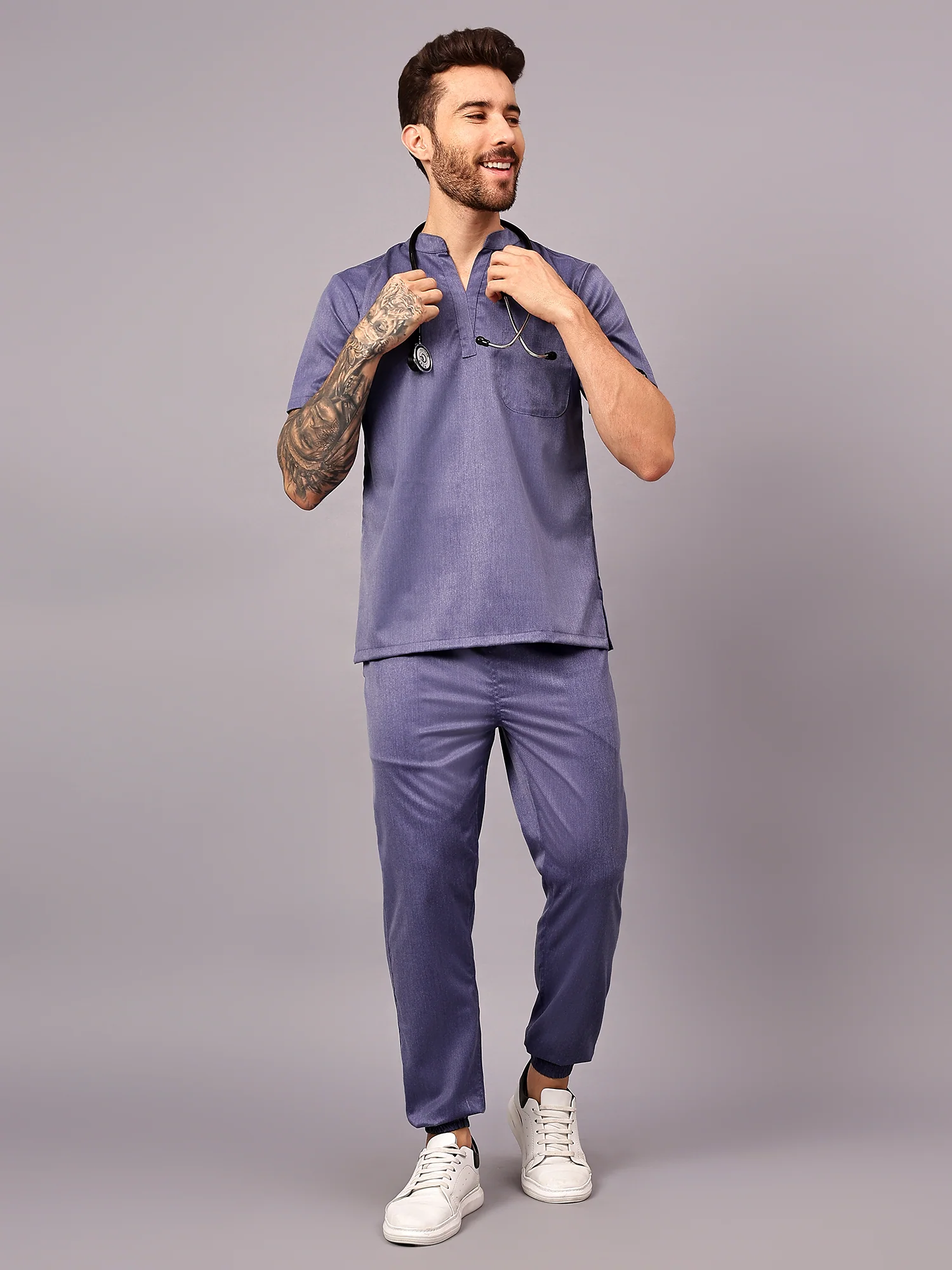 Stretchable (2Way) Men Denim Blue Texture Mandarin Neck With Jogger Scrub Set
