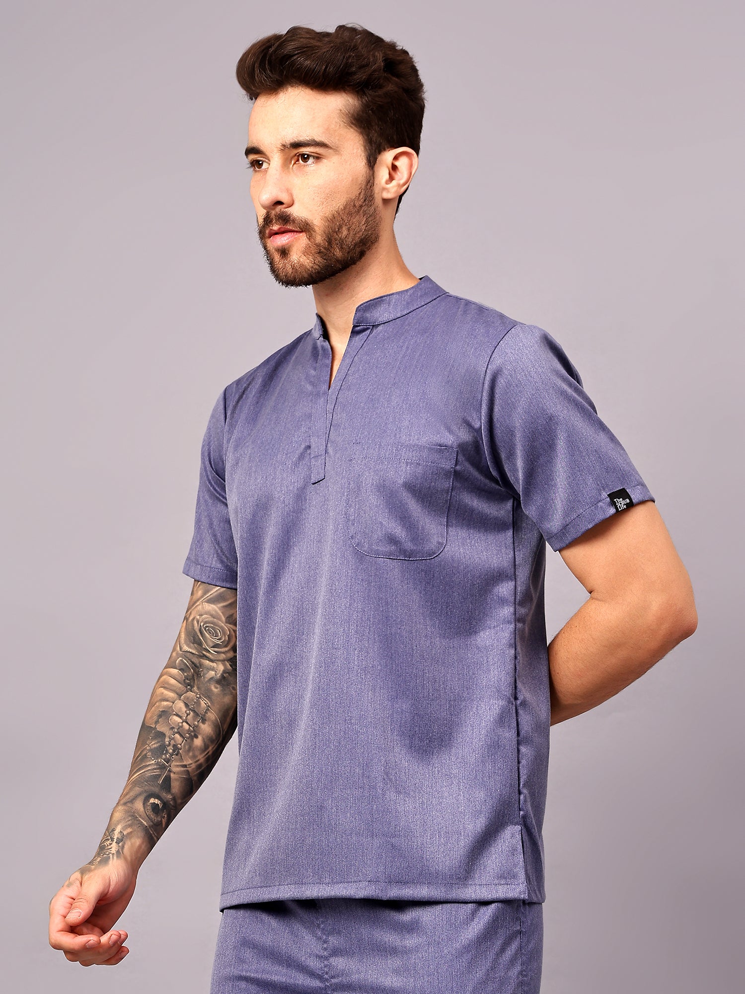 Stretchable (2Way) Men Denim Blue Texture Mandarin Neck With Jogger Scrub Set - Image 3