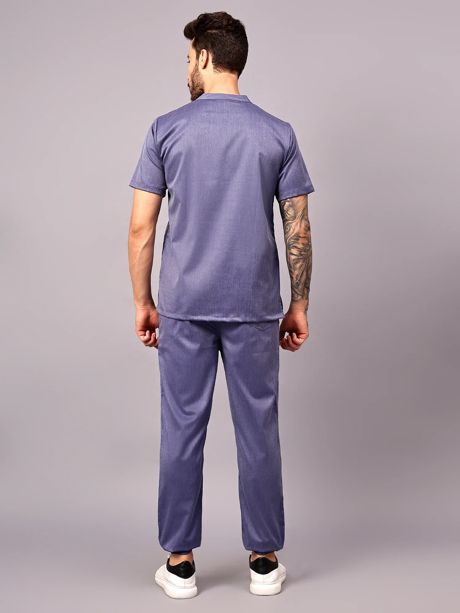 Stretchable (2Way) Men Denim Blue Texture Mandarin Neck With Jogger Scrub Set - Image 5