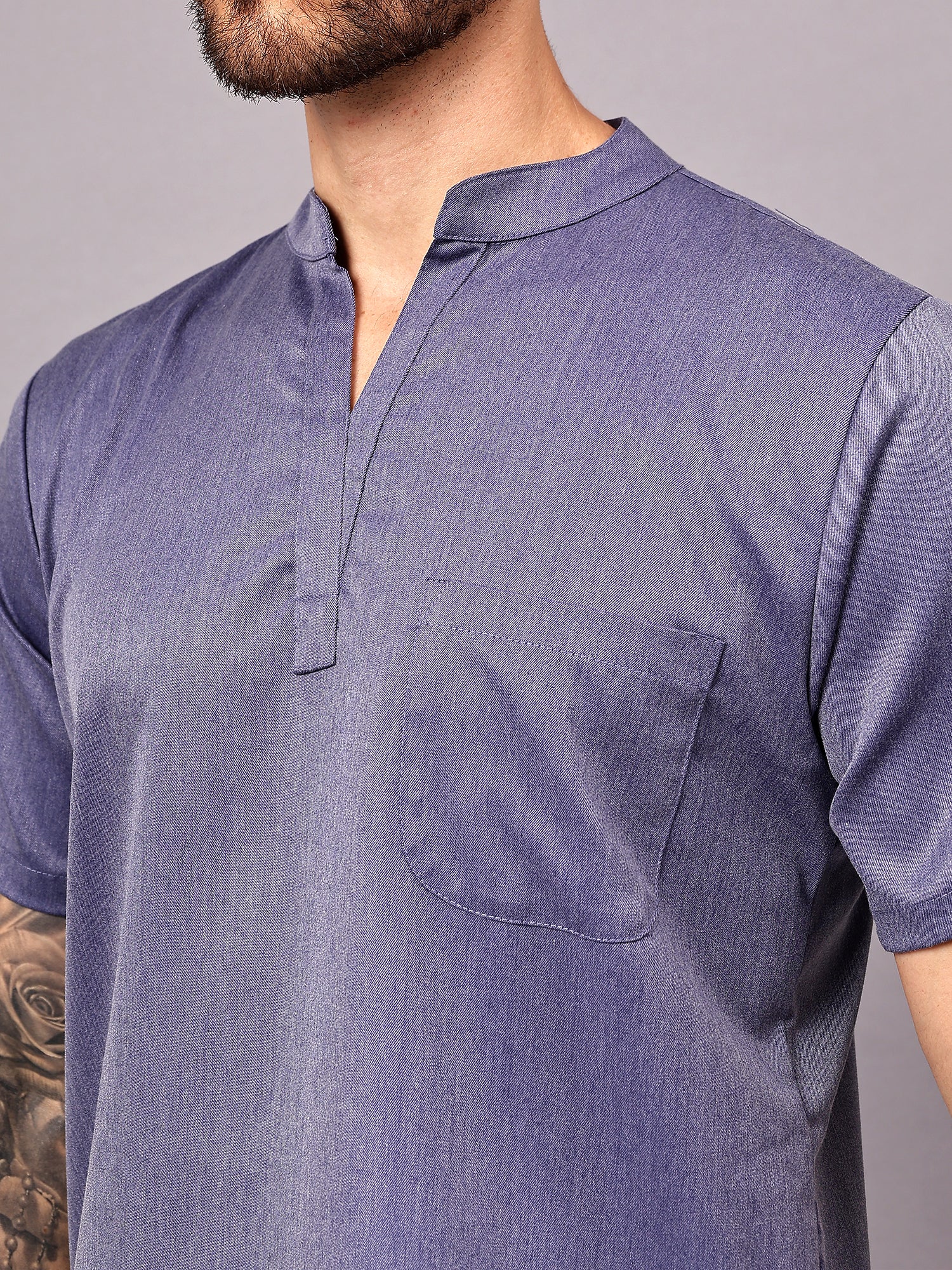 Stretchable (2Way) Men Denim Blue Texture Mandarin Neck With Jogger Scrub Set - Image 6