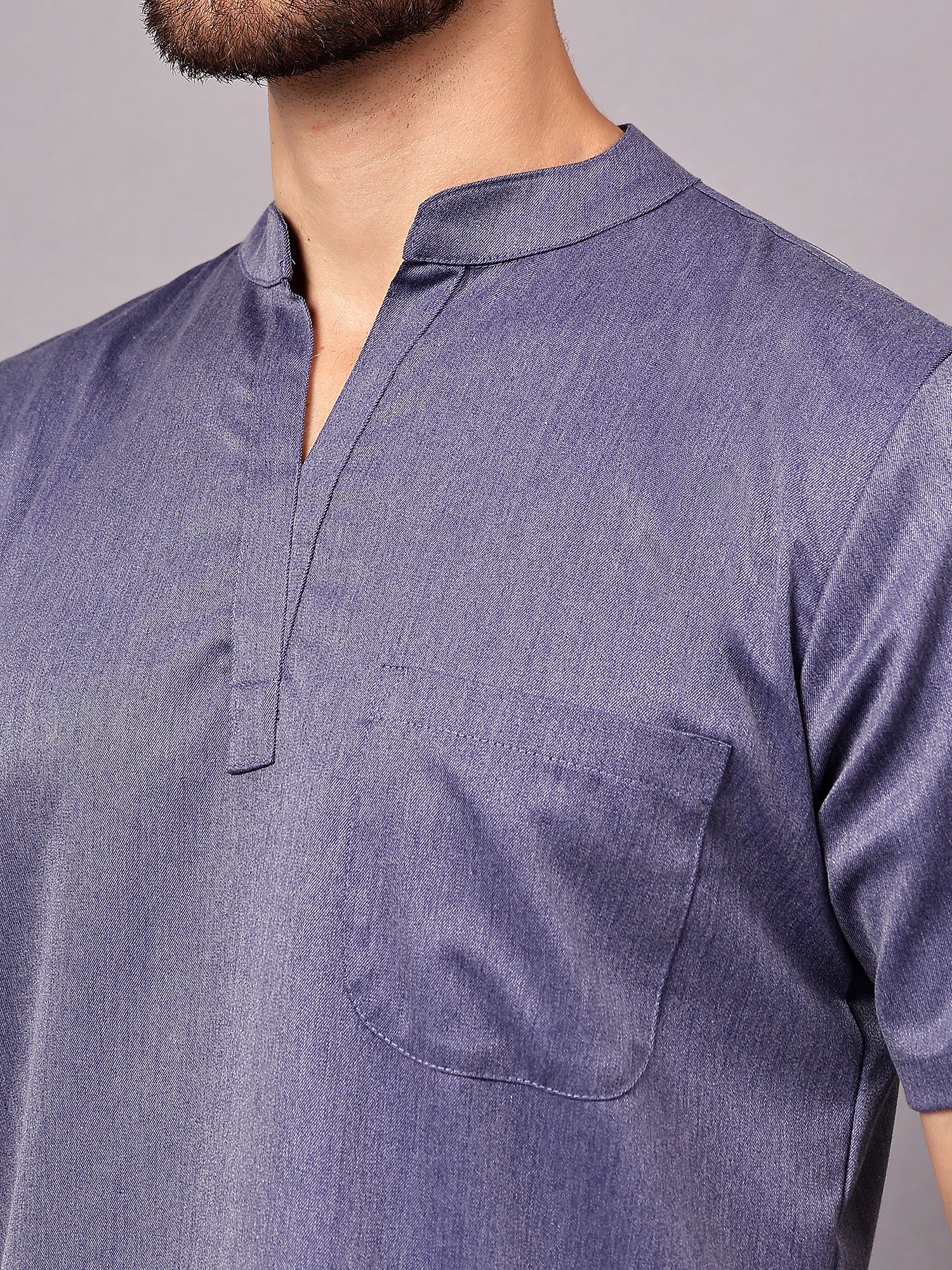 Stretchable (2Way) Men Denim Blue Texture Mandarin Neck With Straight Pant Scrub Set - Image 2