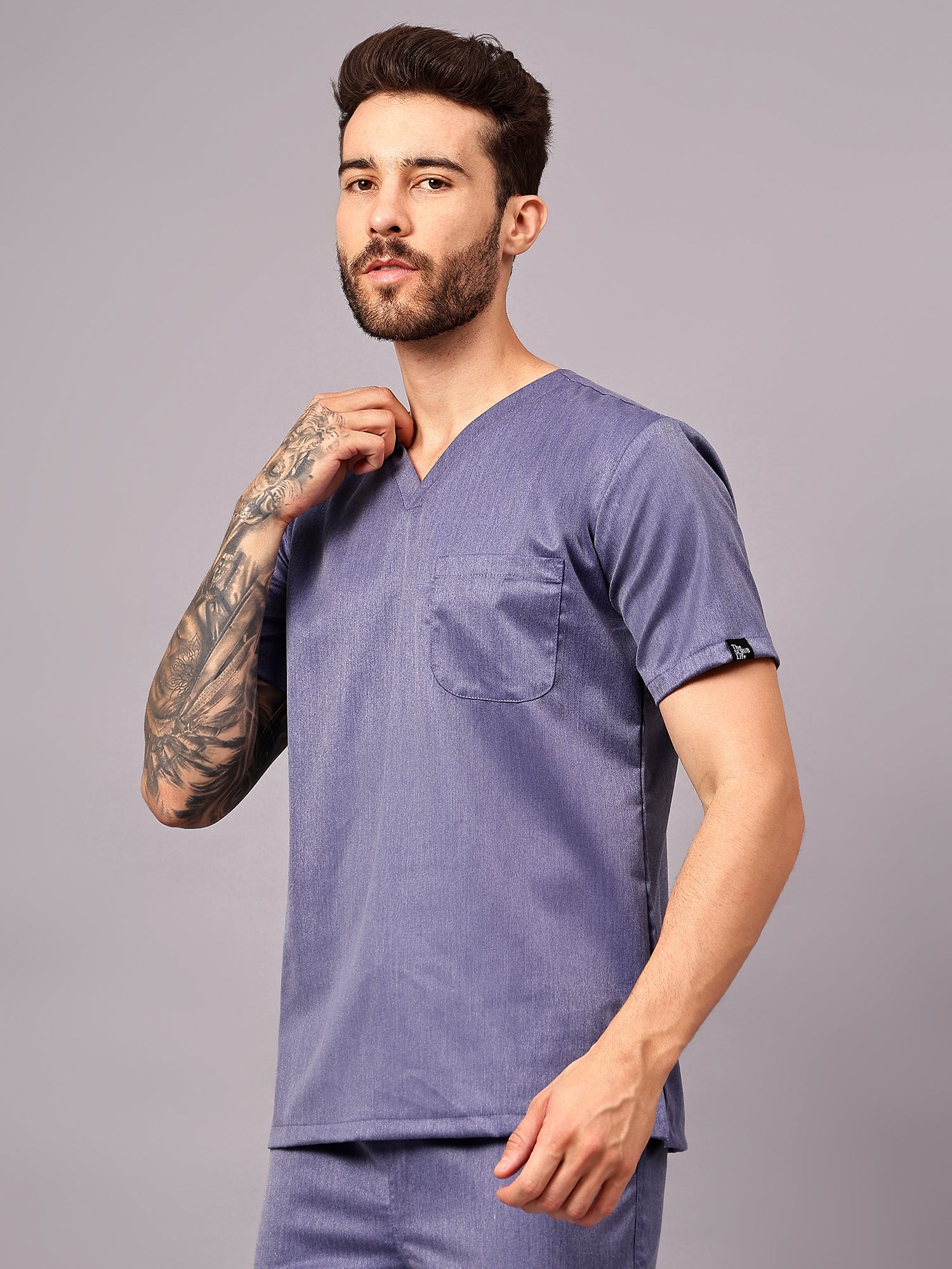 Stretchable (2Way) Men Denim Blue Texture V-Neck Scrub Top - Image 3