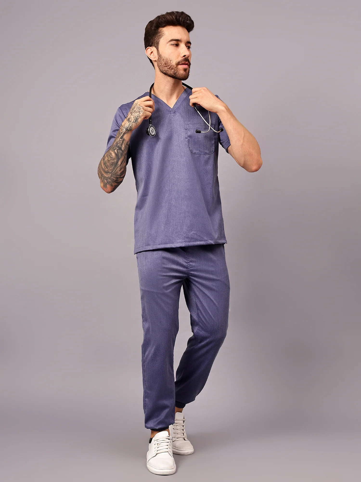 Stretchable (2Way) Men Denim Blue Texture V-Neck With Jogger Scrub Set