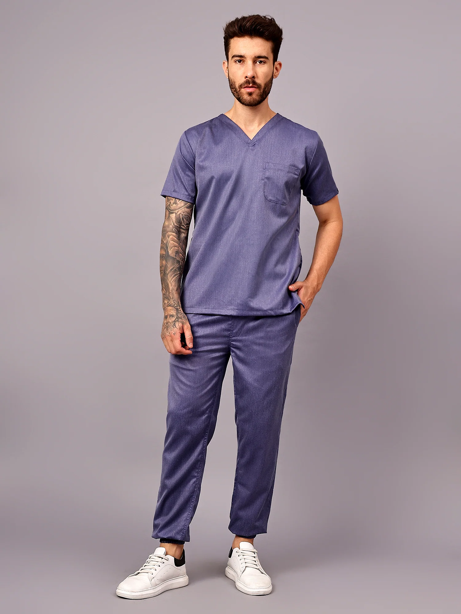Stretchable (2Way) Men Denim Blue Texture V-Neck With Jogger Scrub Set - Image 2