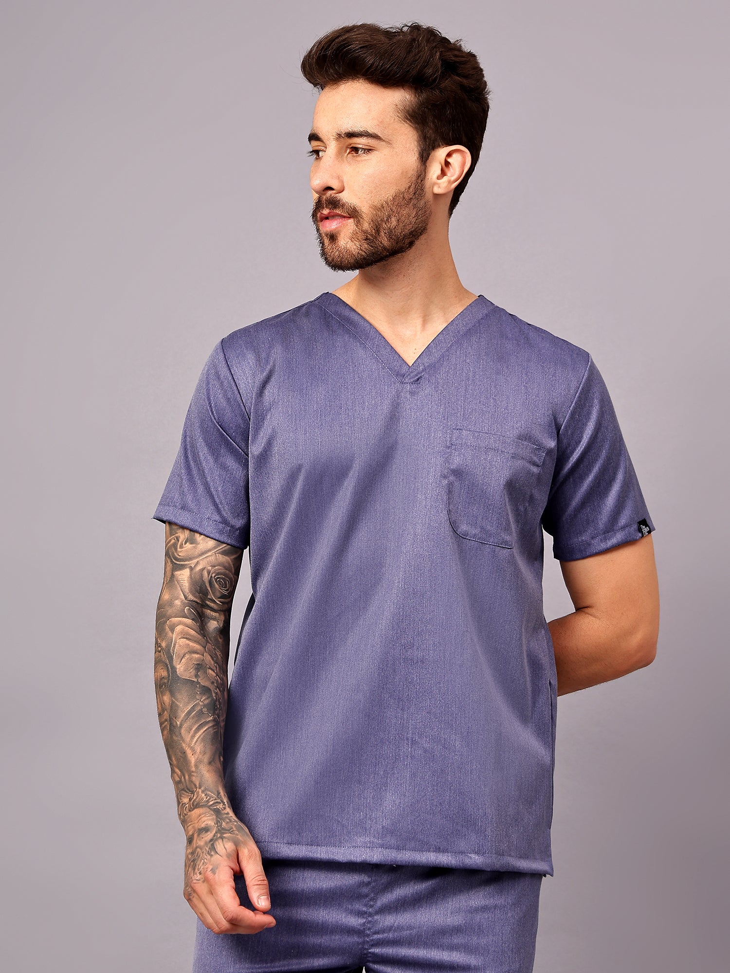 Stretchable (2Way) Men Denim Blue Texture V-Neck With Jogger Scrub Set - Image 5