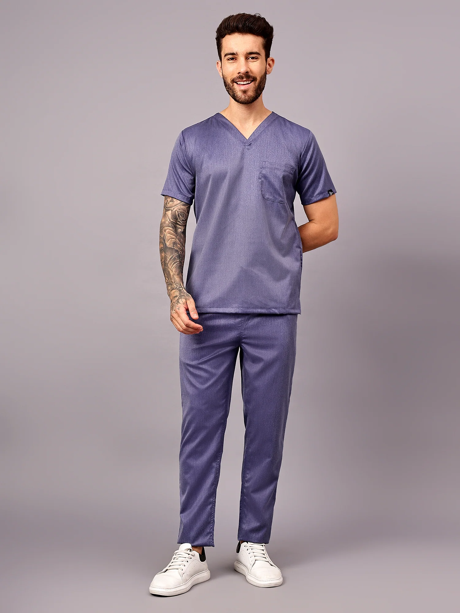 Stretchable (2Way) Men Denim Blue Texture V-Neck With Straight Pant Scrub Set - Image 3