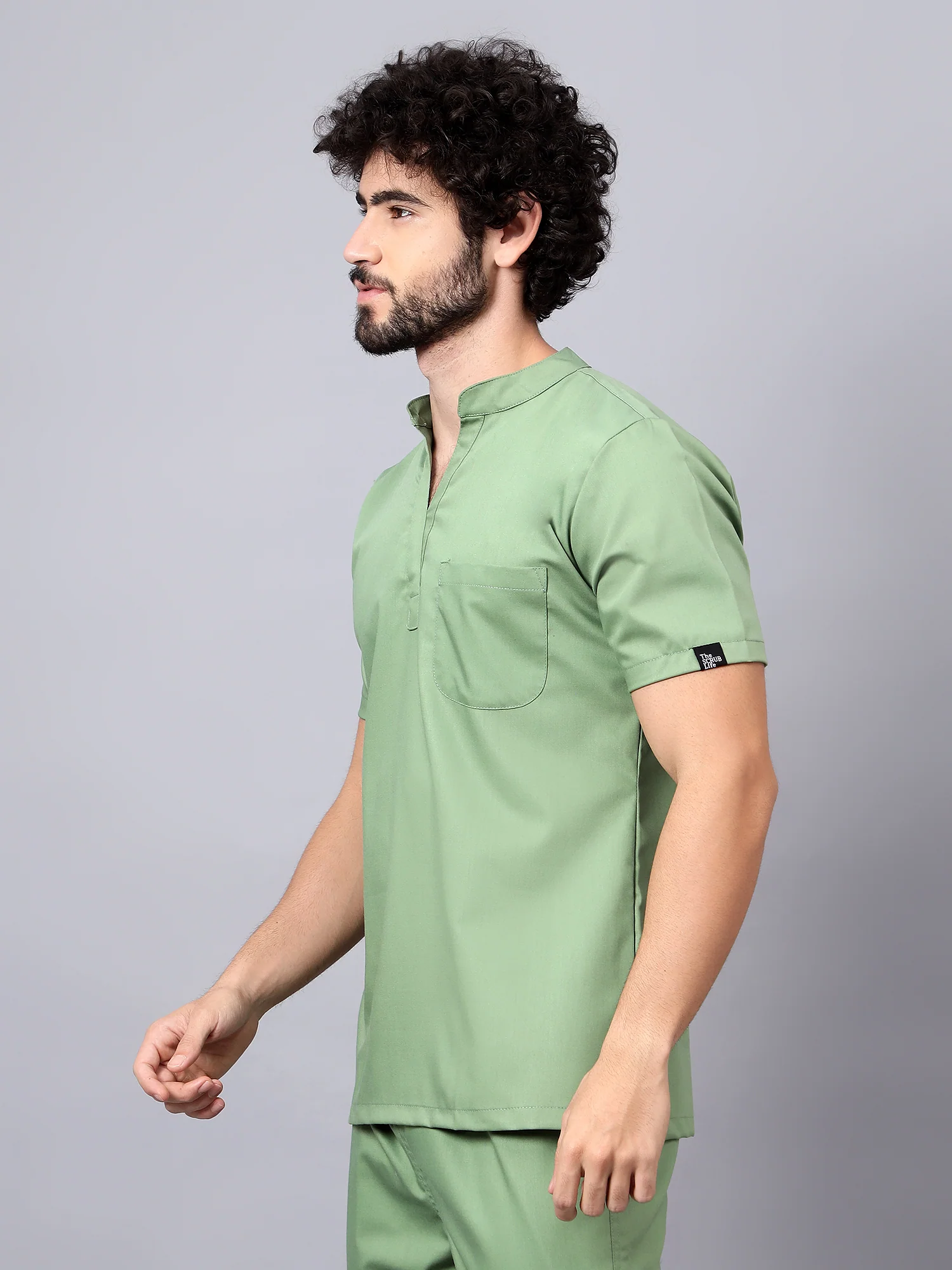 Stretchable (2way) Men Pista Green Mandarin Neck Scrub Top - Image 2