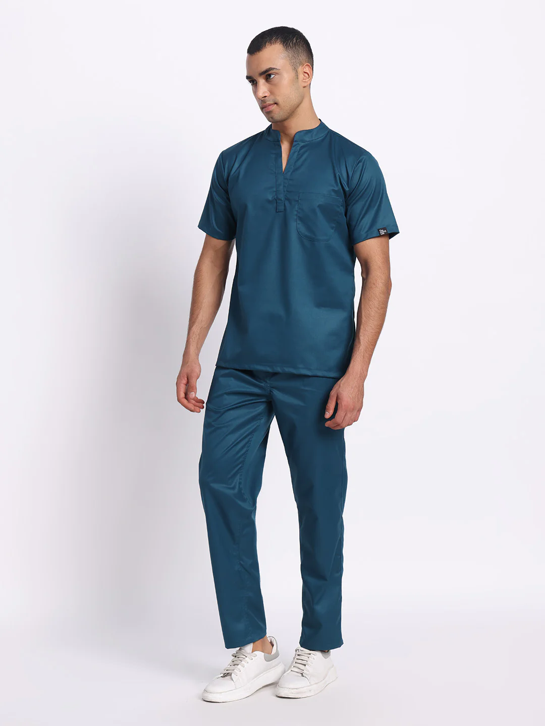 Stretchable (2Way) Men Forest Green Mandarin Neck With Straight Pant Scrub Set - Image 4