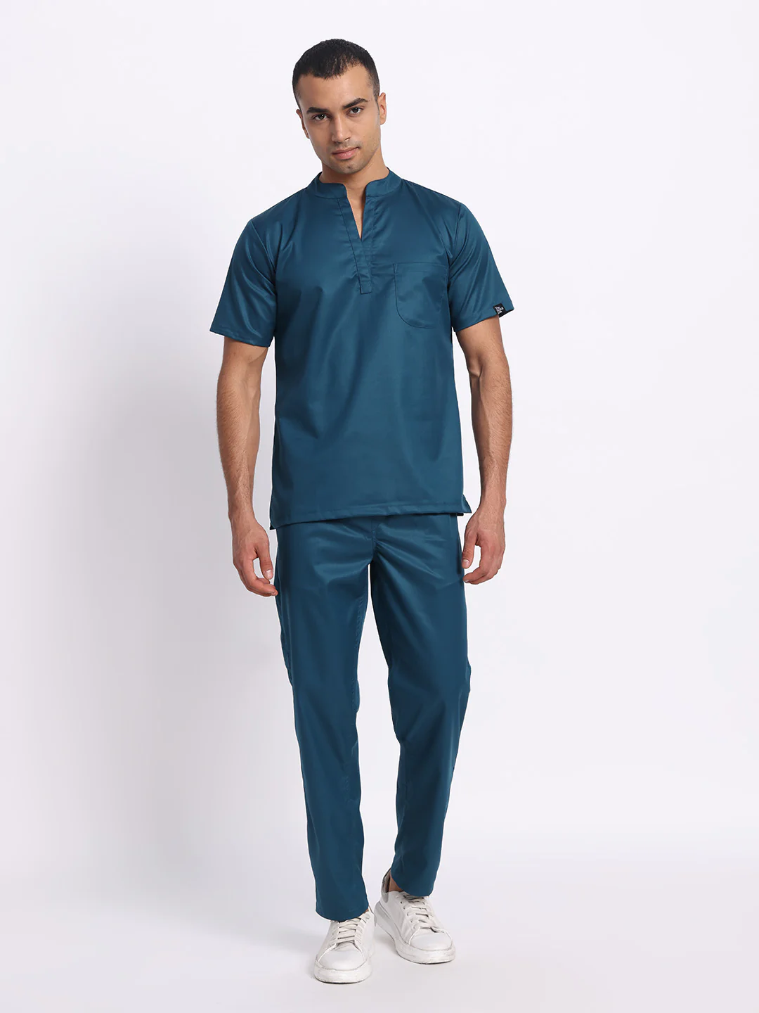 Stretchable (2Way) Men Forest Green Mandarin Neck With Straight Pant Scrub Set - Image 5
