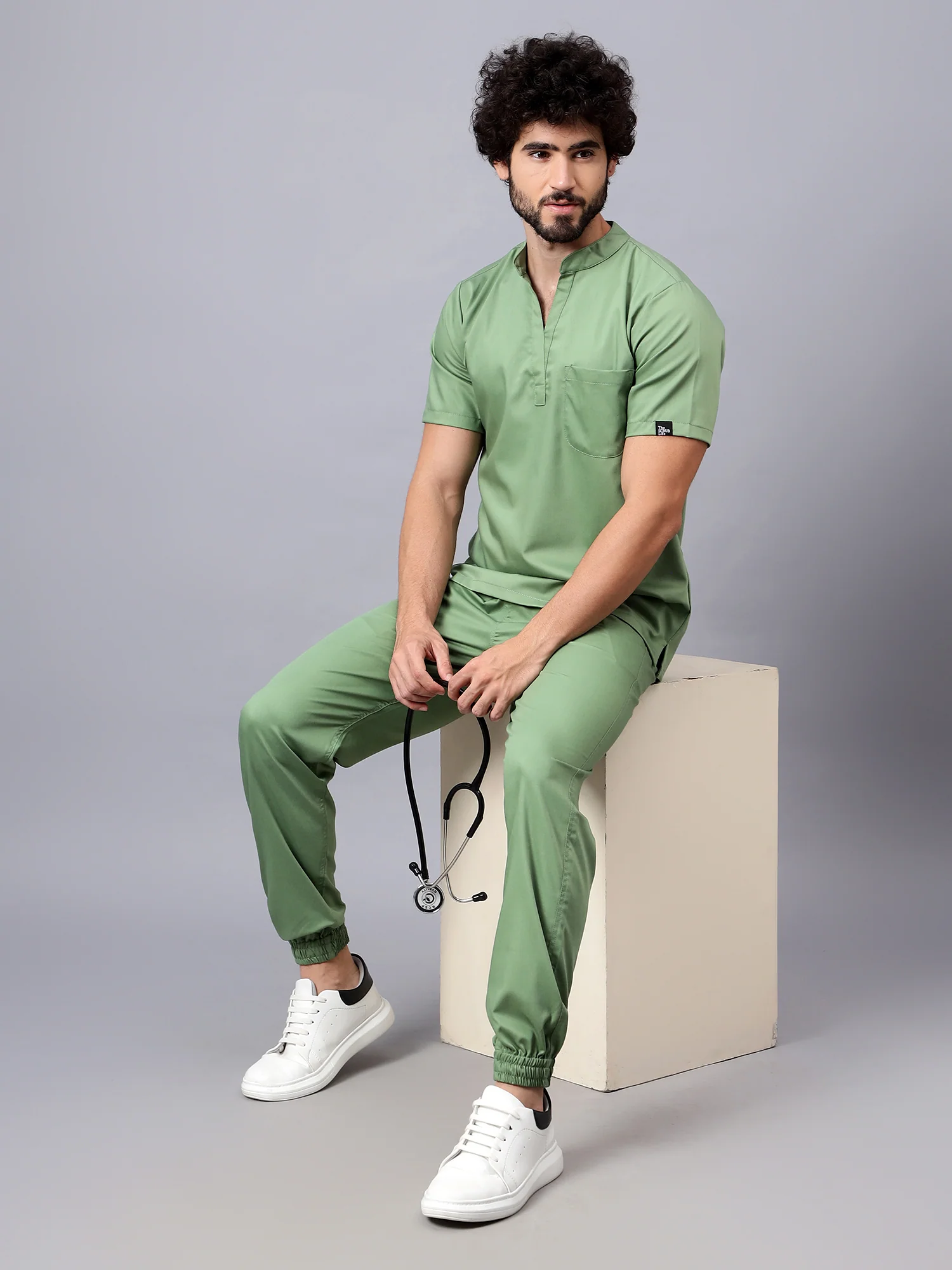 Stretchable (2Way) Men Pista Green Mandarin Neck With Jogger Scrub Set - Image 4