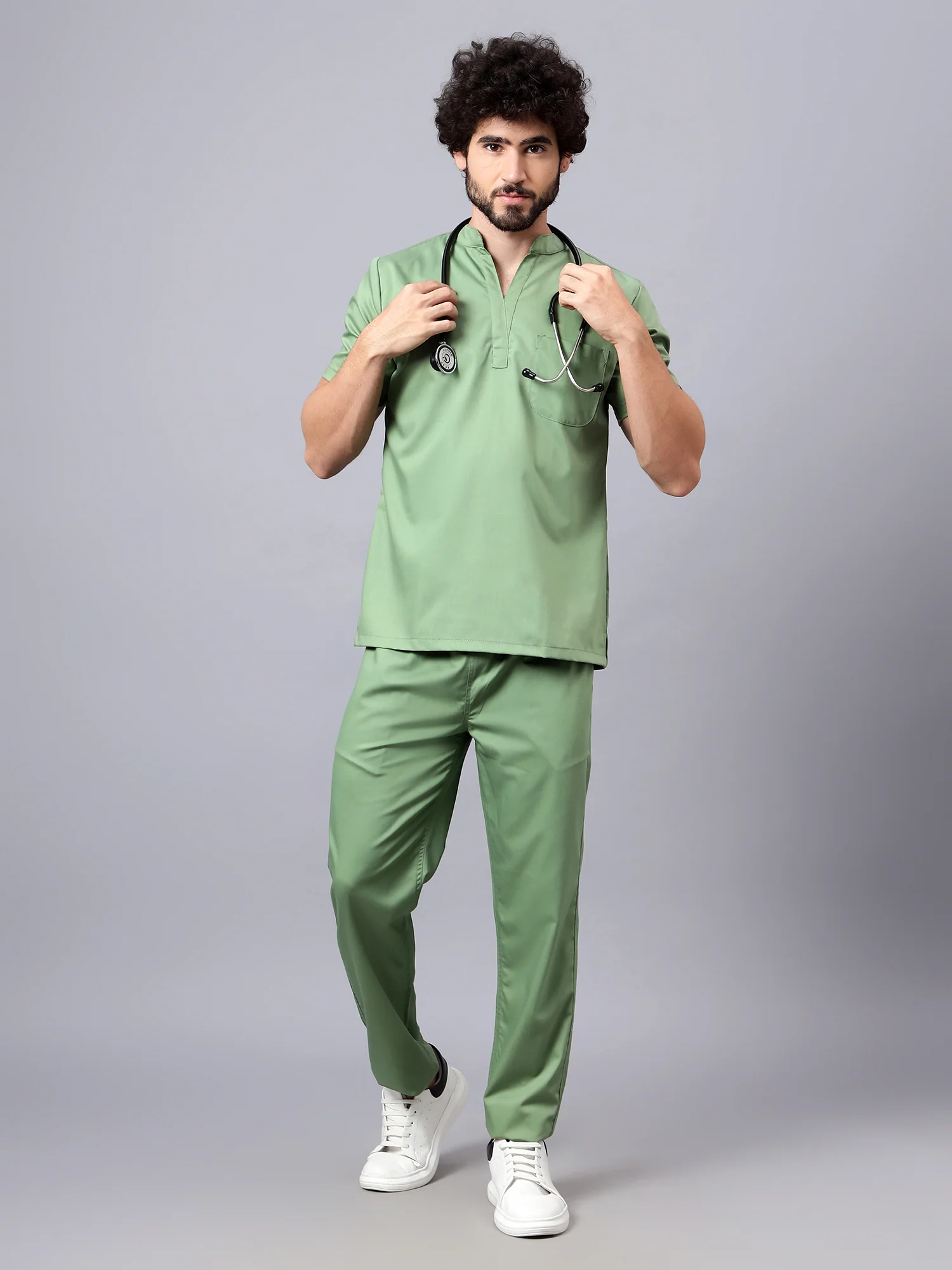 Stretchable (2Way) Men Pista Green Mandarin Neck With Straight Pant Scrub Set - Image 3