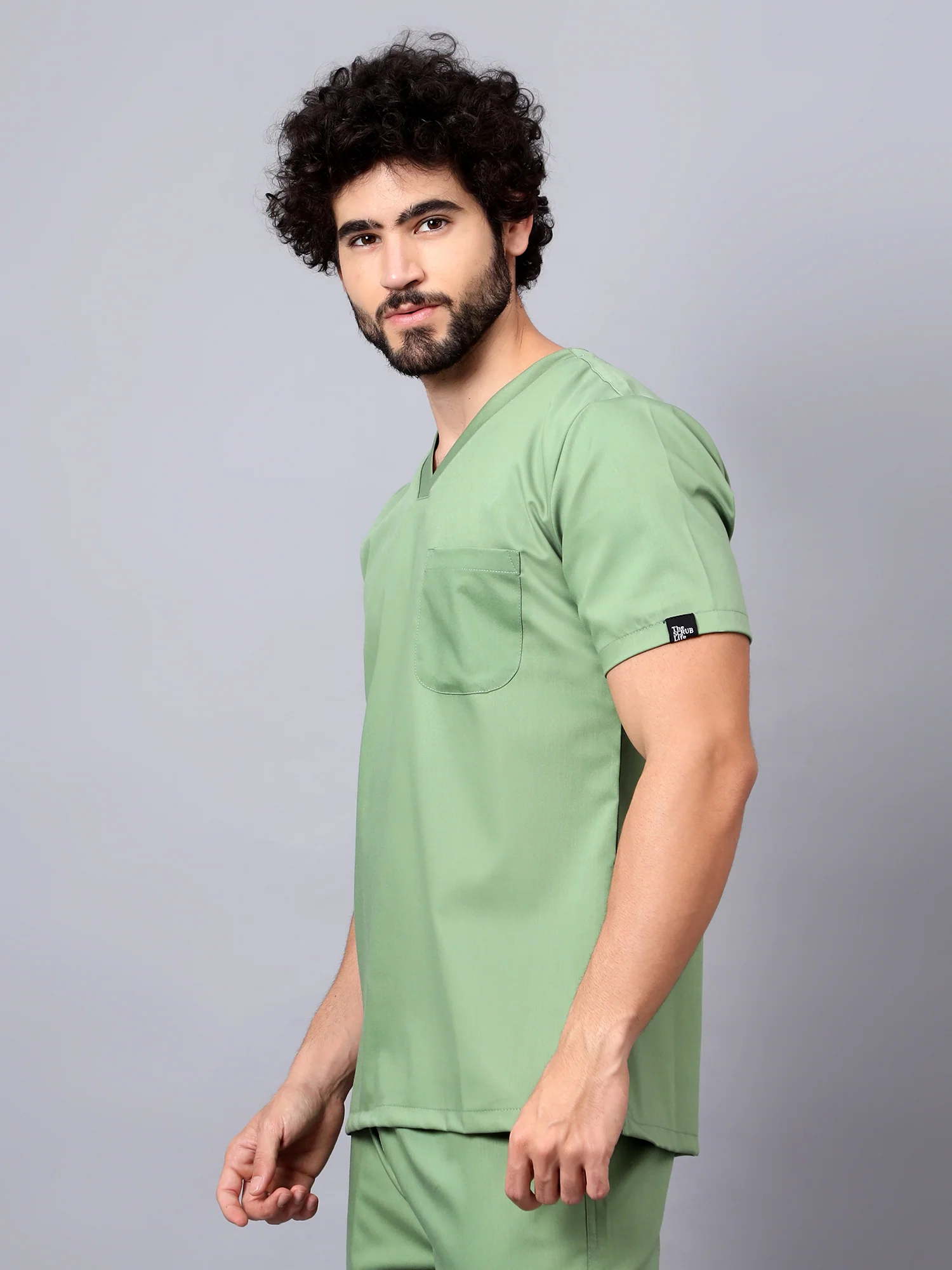 Stretchable (2Way) Men Pista Green V-Neck Scrub Top - Image 2