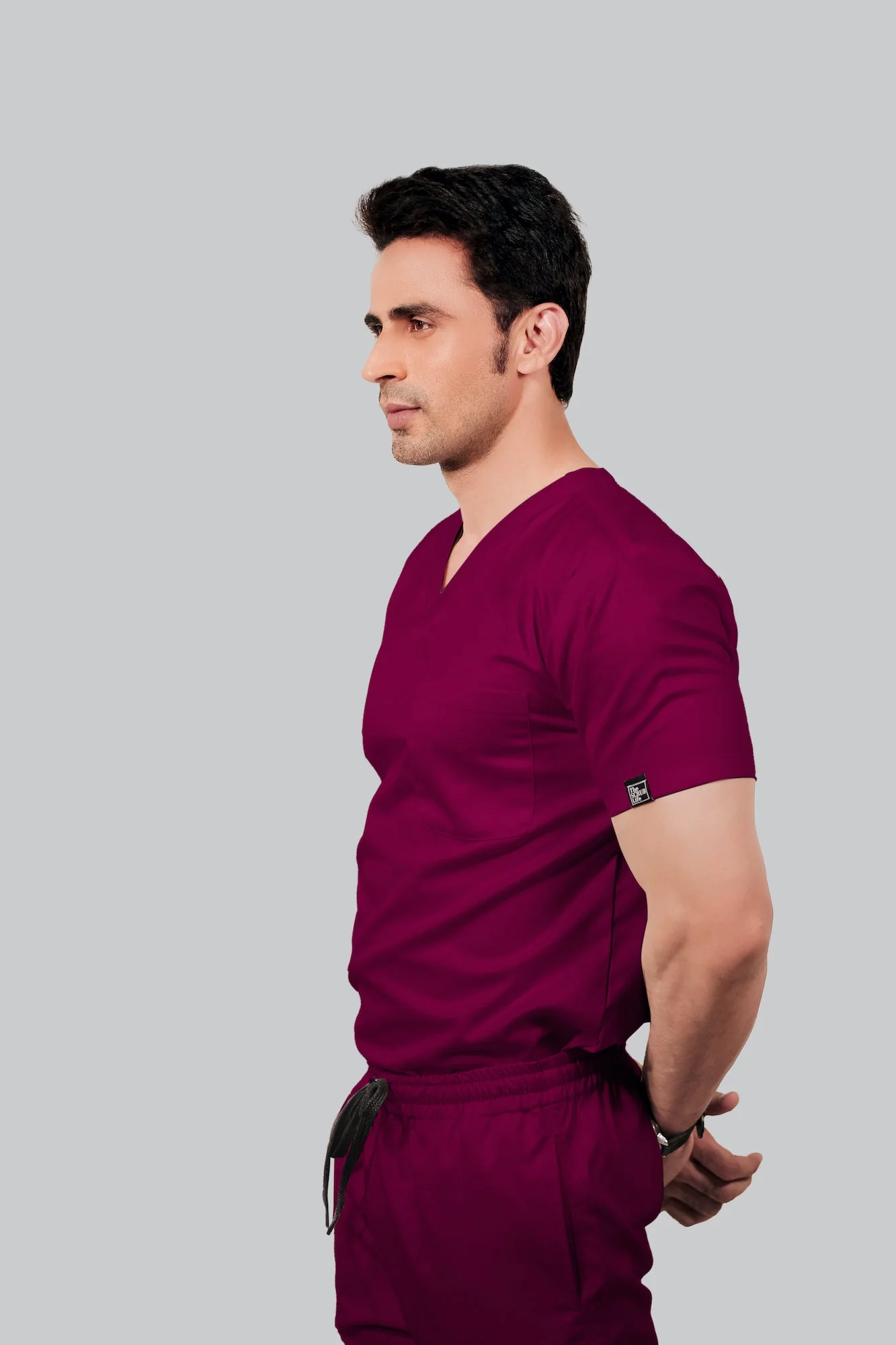 Stretchable (2Way) Men Wine V-Neck Scrub Top - Image 3