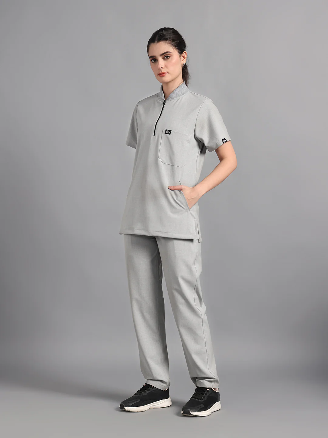 Stretchable (4Way) Light Grey Women Flex Zip Neckline Top With Straight Pants - Image 4
