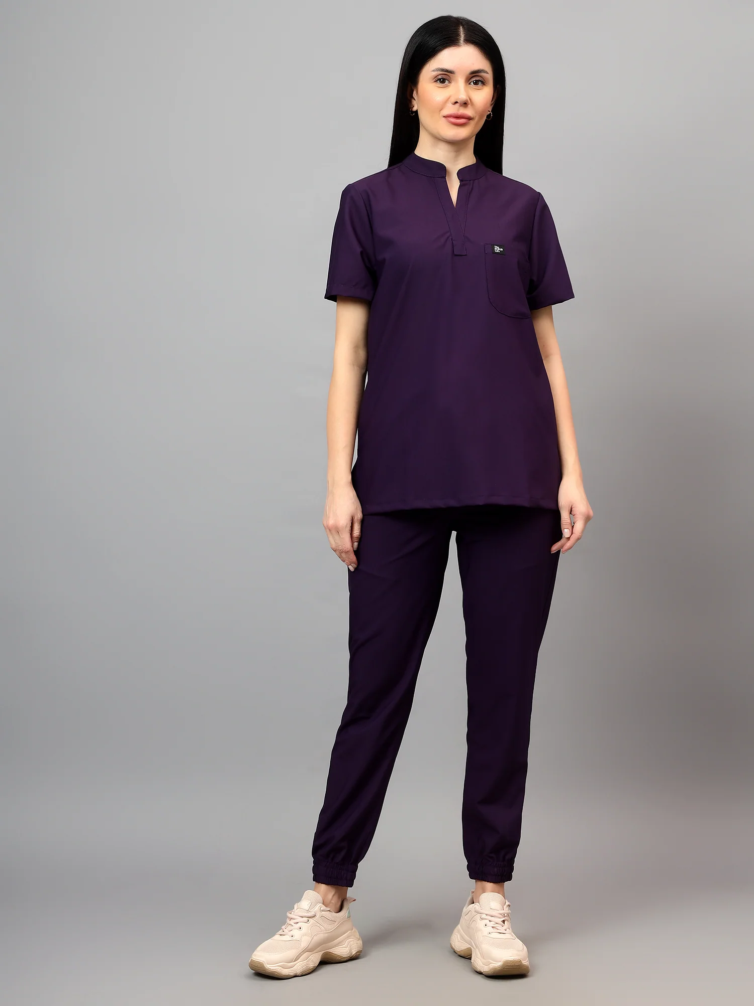 Stretchable (4Way) Female Violet Mandarin Neck With Jogger Scrub Set - Image 2